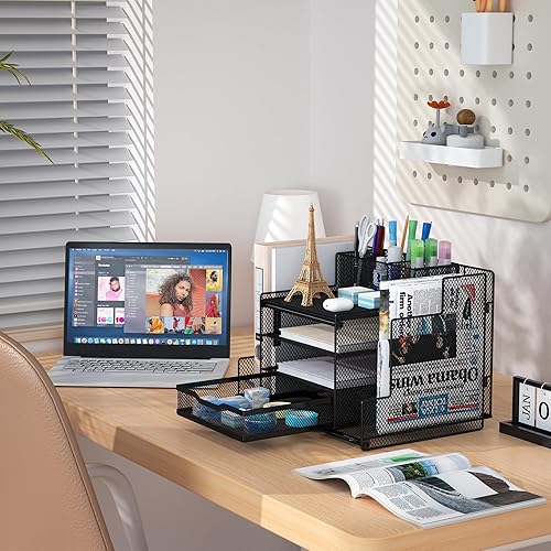 Miniatura 6 de Egepon Organizador de escritorio de oficina con soportes verticales para carpetas de archivos, bandeja de papel de 4 niveles con cajón y soporte