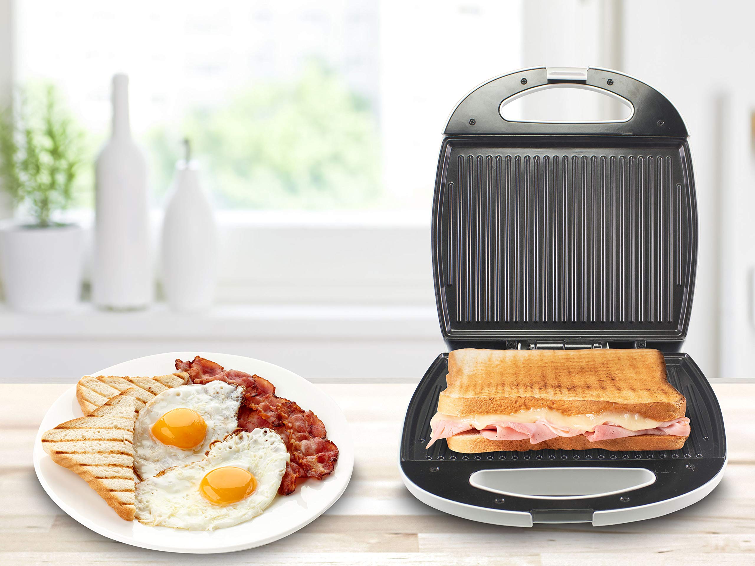 Beper Maxi Toast&Grill - Tostiera 4 Fette Grill, Sruttura esterna in bachelite, Piastre grill Maxi antiaderenti di 28 x 21cm, 1300 W, Bianco