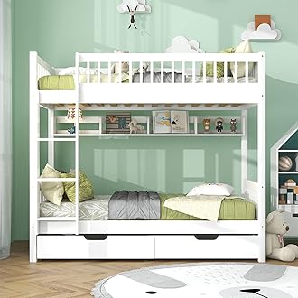 LTGB Bunk Bed for Kids Children, 3ft Solid Pine Wood Single Bed Frame & under Bed Slide Drawer Storage, with Shelf, Ideal for Any Room, White (90x190cm)【UK Fast Delivery】