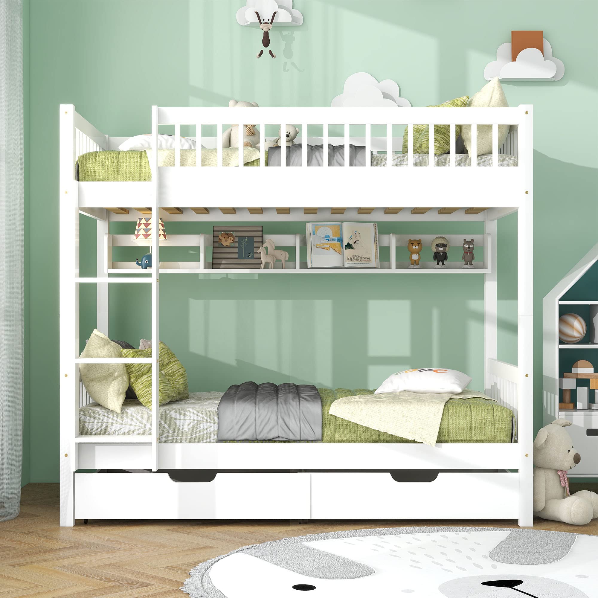 LTGB Bunk Bed for Kids Children, 3ft Solid Pine Wood Single Bed Frame & under Bed Slide Drawer Storage, with Shelf, Ideal for Any Room, White (90x190cm)【UK Fast Delivery】