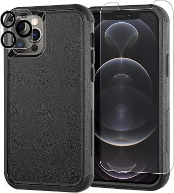 Co-Goldguard Case for iPhone 12/12 Pro - Shockproof & Dropproof Protection, Tempered Glass Screen & Camera Lens Protector, Non-Slip Heavy Duty, 6.1 inch, Black