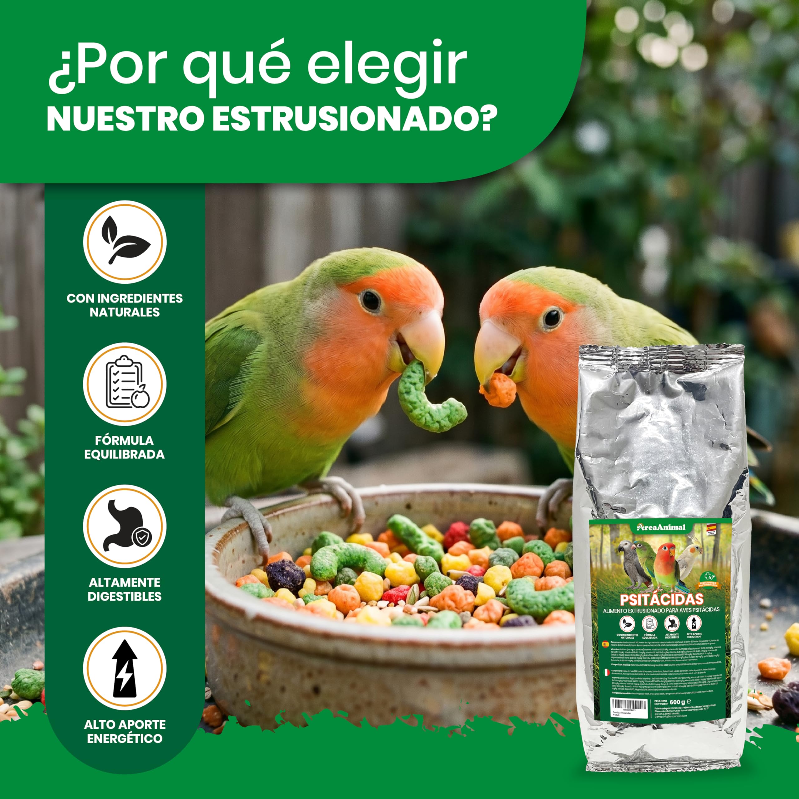 Alimento para Aves Psitácidas 600G, Comida Agapornis, Comida Periquitos, Ninfas, Loros... con Ingredientes Naturales, Alimento para Pajaros Psitácidas Extrusionado Completo y Equilibrado