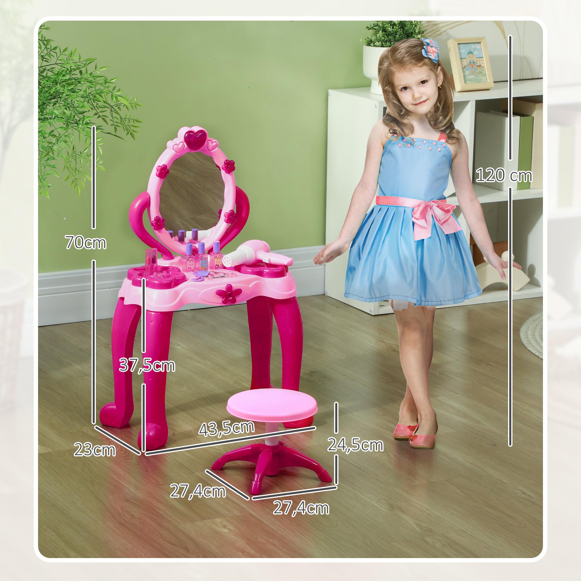 AIYAPLAY Coiffeuse pour Enfants de 3 à 6 Ans Ensemble Coiffeuse et Tabouret avec Miroir 15 PCS, Table de Maquillage avec lumière, Musique, sèche-Cheveux, Rose