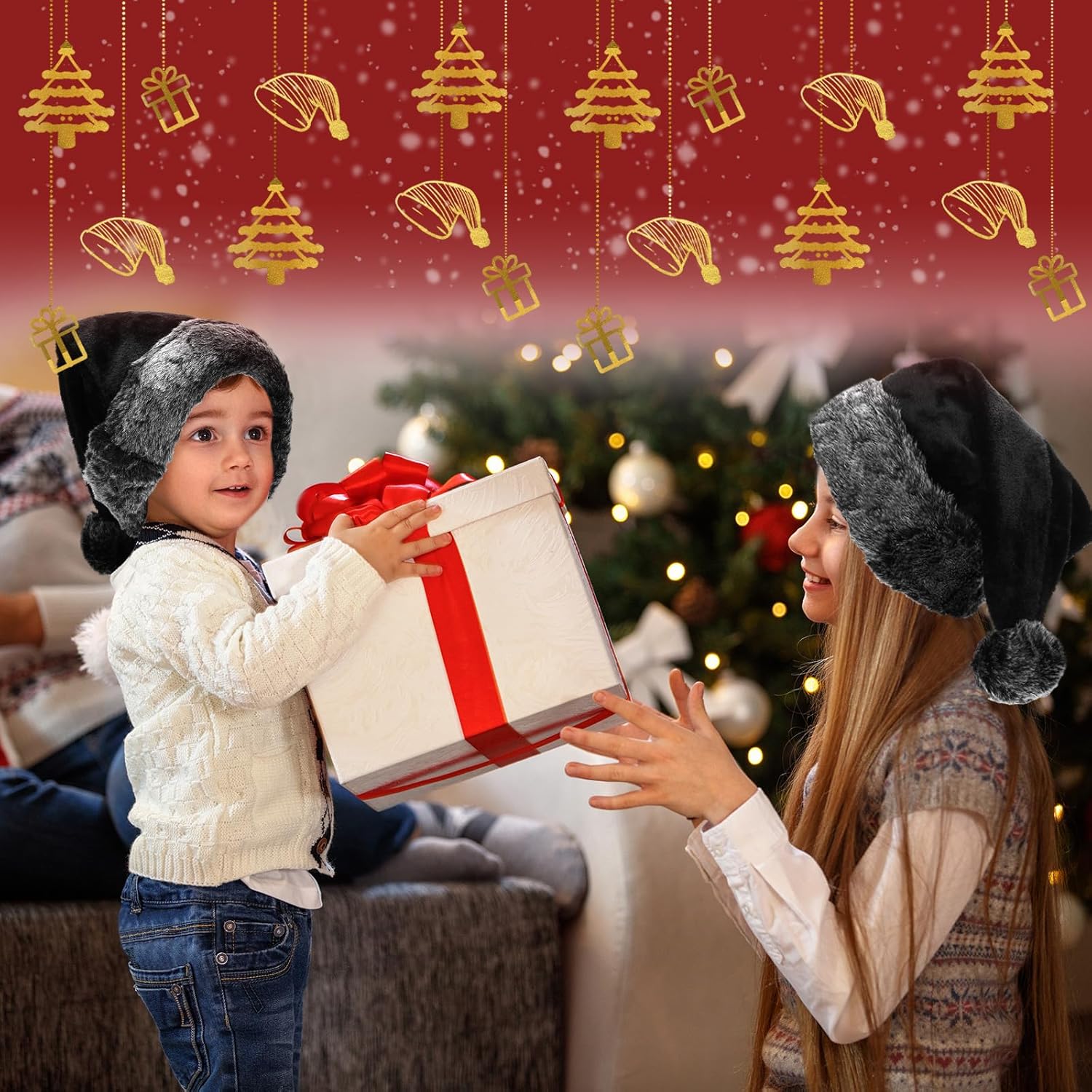 Toulite 2 Pack Black Santa Hat - Soft Plush Xmas Hat for Black Christmas Theme New Year Festive Holiday Party Supplies