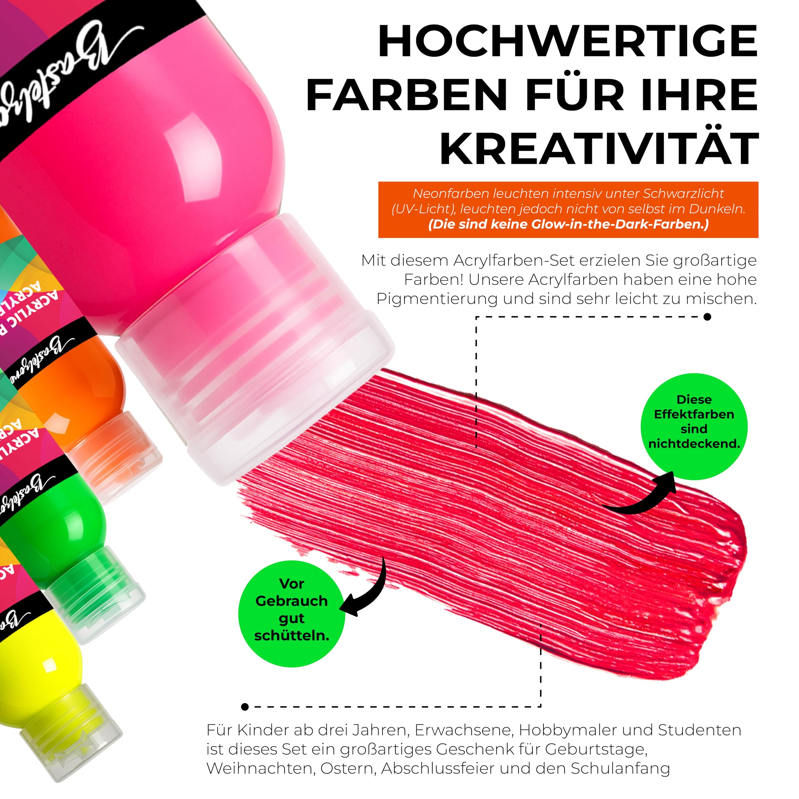Bastelzone Set di 4 colori acrilici al neon da 100 ml. Colori per pittura adatti per diverse superfici. 4 x 100 ml (neon fluorescente