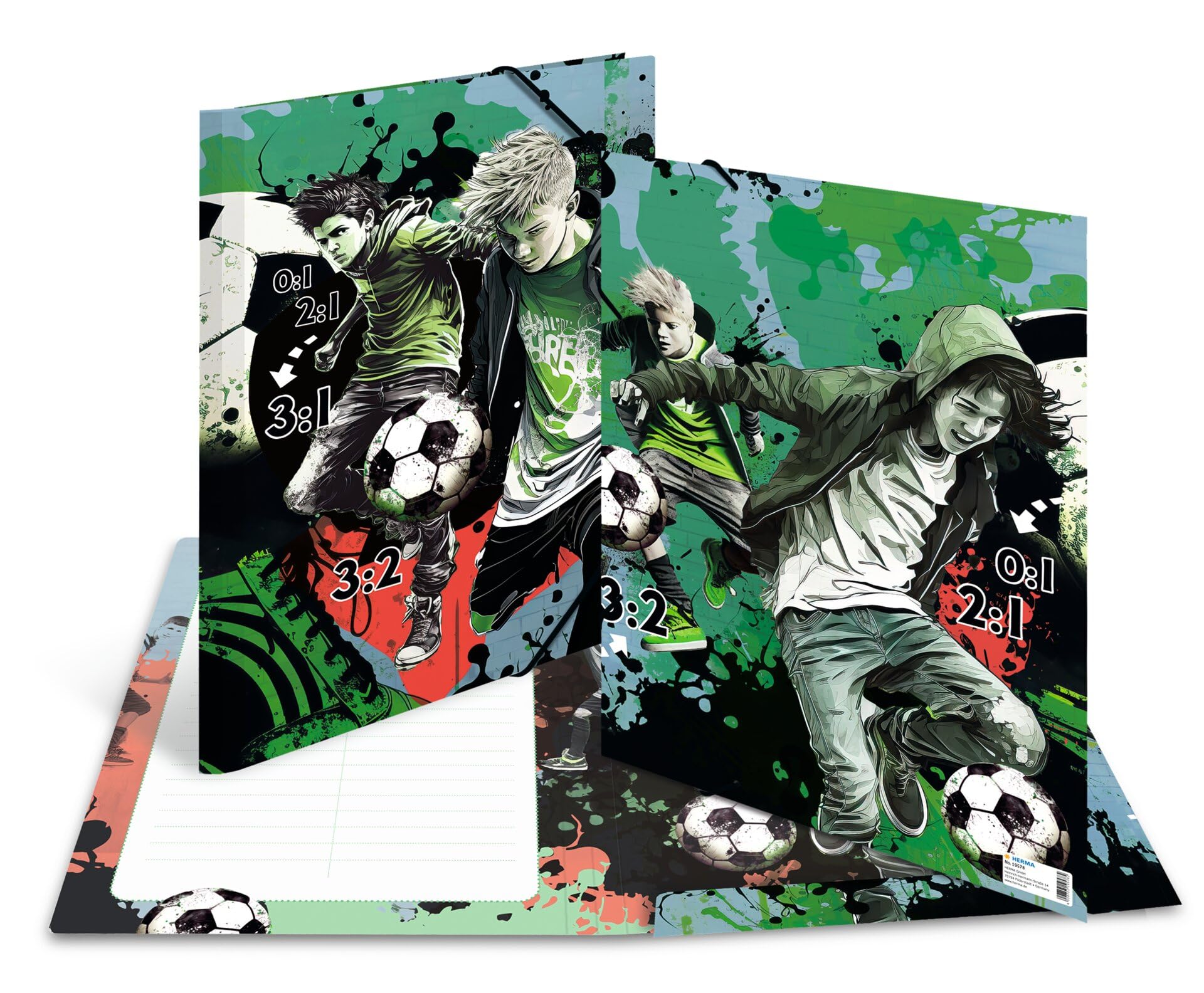 HERMA 19578 Portfolio Folders A3 Street Soccer, Pack of 3, Children's Cardboard Corner Folder with Inner Print & Elastic Band - Image 4