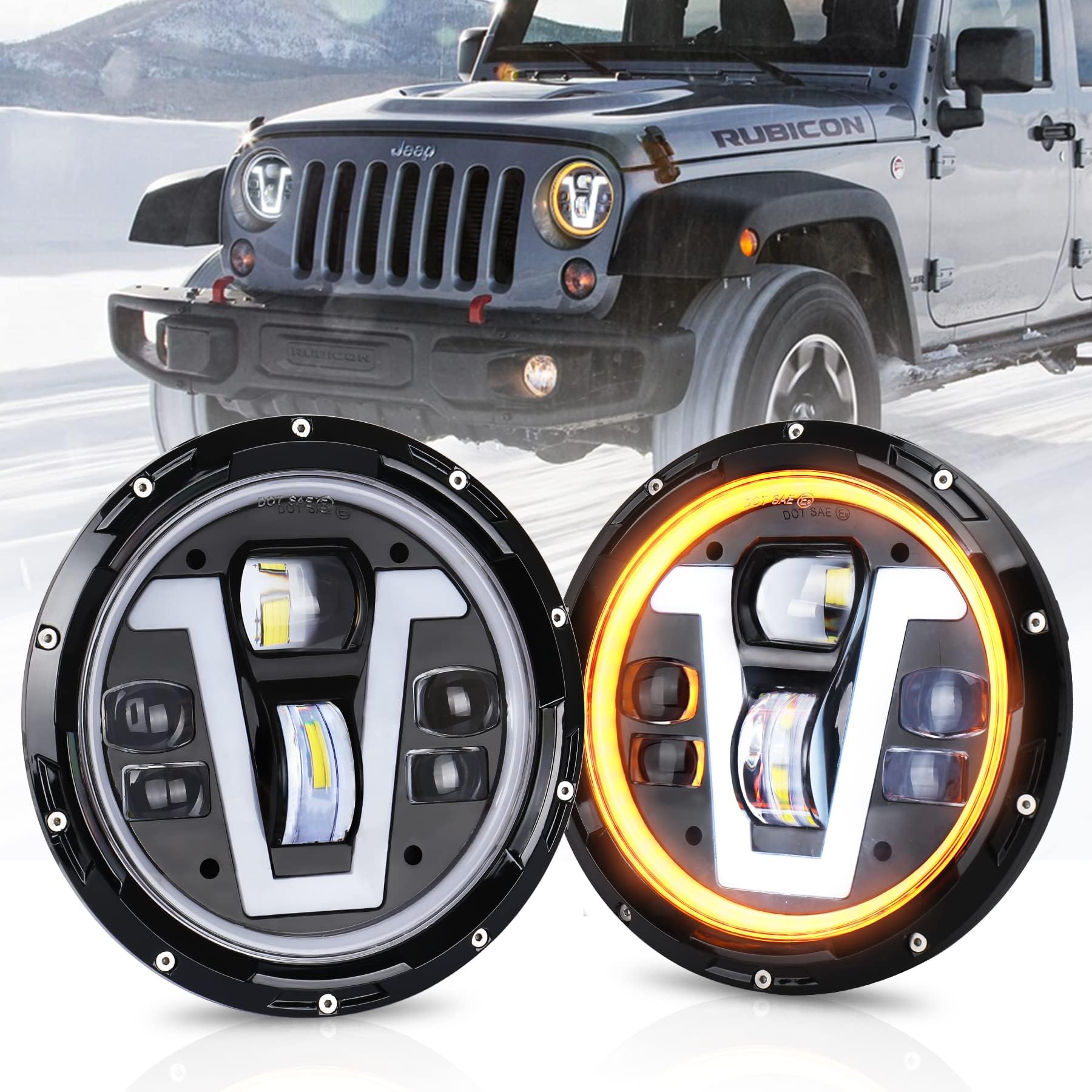 MOVOTOR JK Headlights 7inch Led Headlights with Amber Turn Signal Lights V Type White DRL Hi Lo Beam for Jeep JK CJ TJ JKU Hummer H1 H2