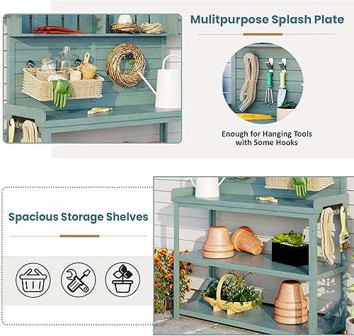 Miniatura 4 de CITYLIGHT Banco grande para macetas de jardín de 65 pulgadas con 4 estantes de almacenamiento espaciosos y gancho lateral para patios del hogar,