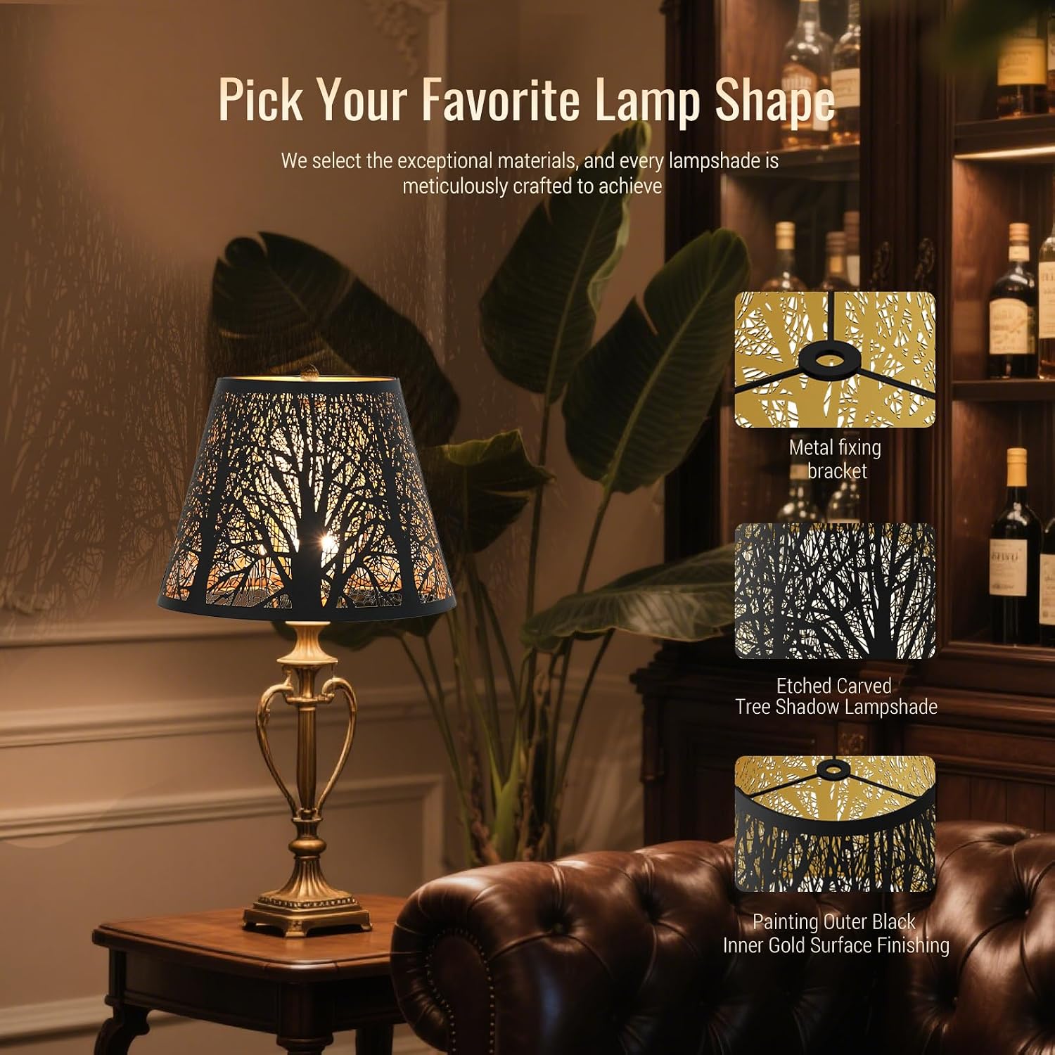Top 6", Bottom 10", Height 7.5" Iamp Shades for Table lamps Set Of 2, Modern Metal Tree Shadow lamp Shades with Gold Inner, Hollow Out Design, Replacement Shade for Desk Lamp,
