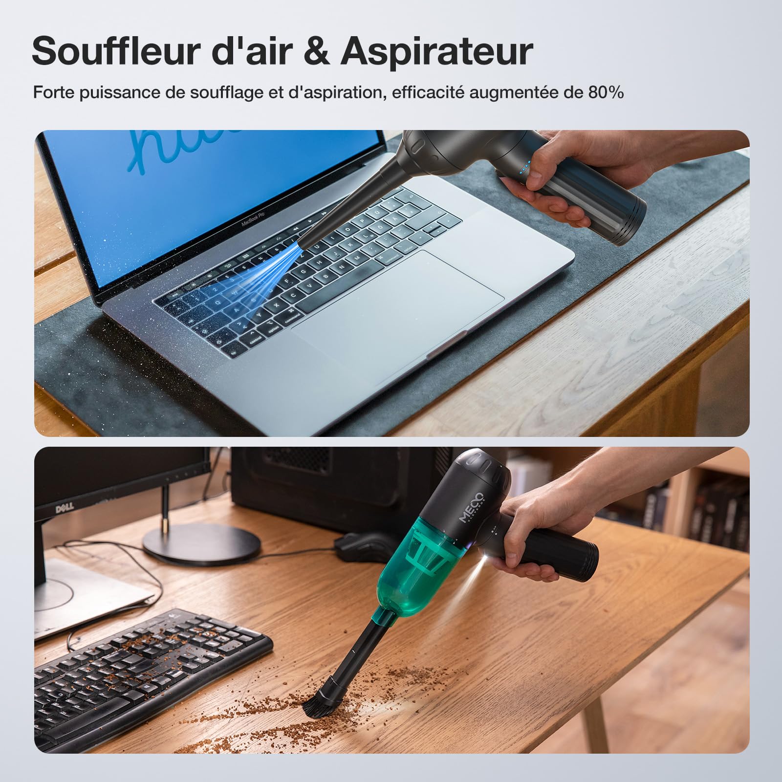 MECO ELEVERDE 4 en 1 Aspirateur Voiture Puissant sans Fil, 18KPA Mini Aspirateur à Main Souffleur Air Comprimé avec Moteur sans Balai et Lumières LED pour Voiture, Maison, PC Bureau (Vert)