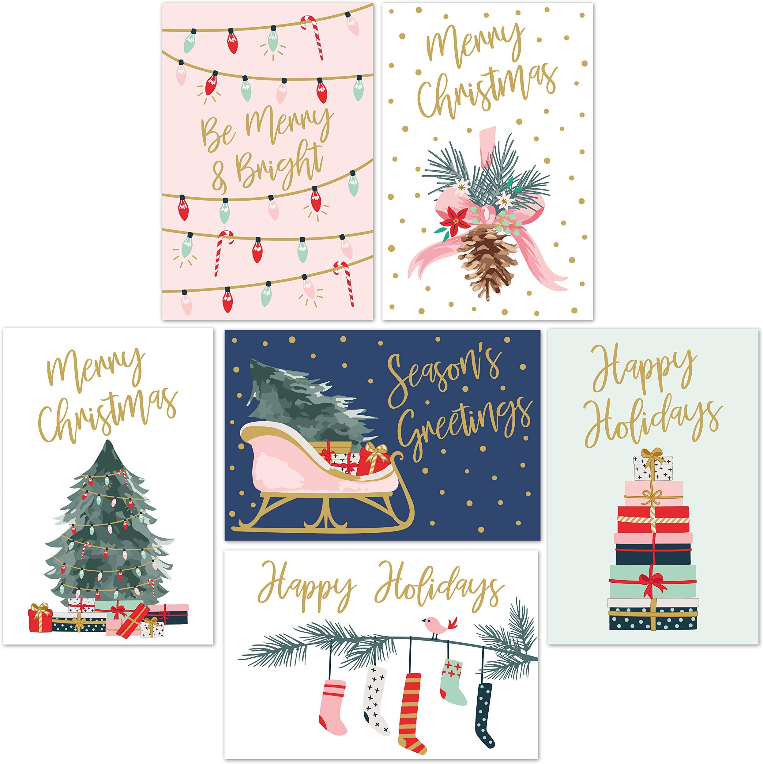 SWEETZER & ORANGE Christmas Cards, 24 Set Gold Foil Holiday Cards with Red Envelopes – 6 Assorted Designs Boxed for Easy Storage - 4x6 Bulk Greeting and New Years Decor Sheets