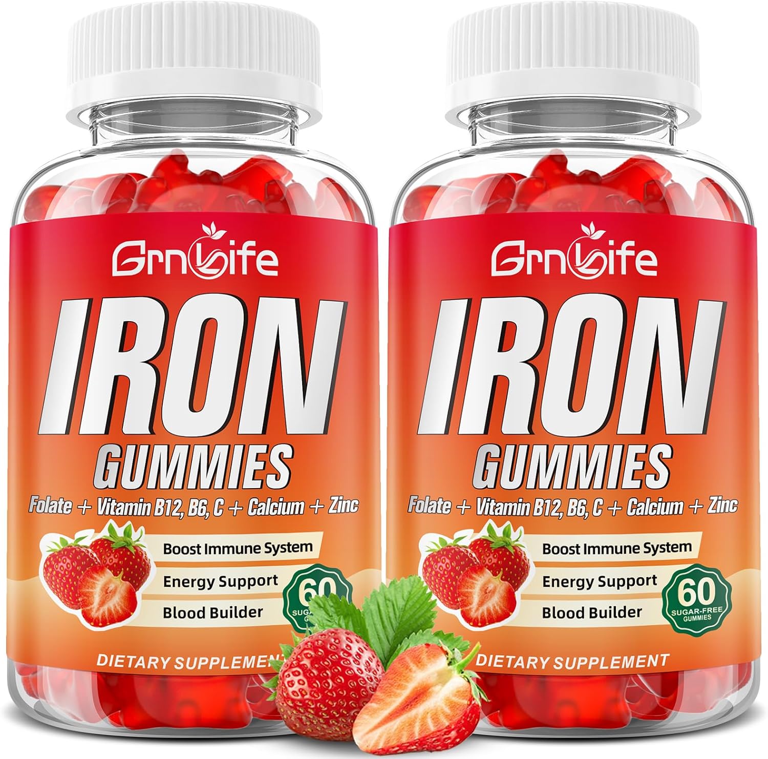 Iron Gummies for Women, Men & Kids, Sugar Free Iron Supplement with Calcium, Zinc, Folate & Vitamin B12, C, B6 - for Blood Building & Energy Support, Anemia, Strawberry, 120 Count