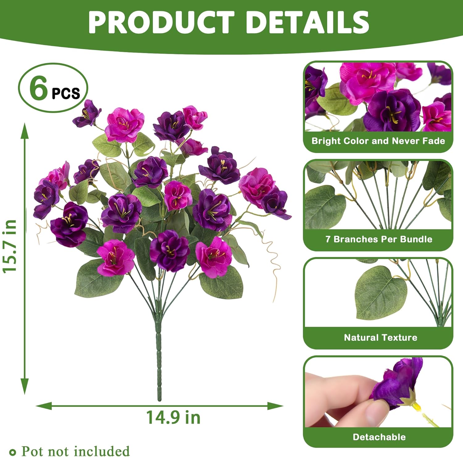 Artificial Flowers for Outdoors, 6 Bundles Silk Fake Hibiscus Flowers for Spring Summer Decoration, UV Resistant Fake Plants Plastic Bouquet for Home Planter Porch Patio Yard Decor(Light Purple Red)