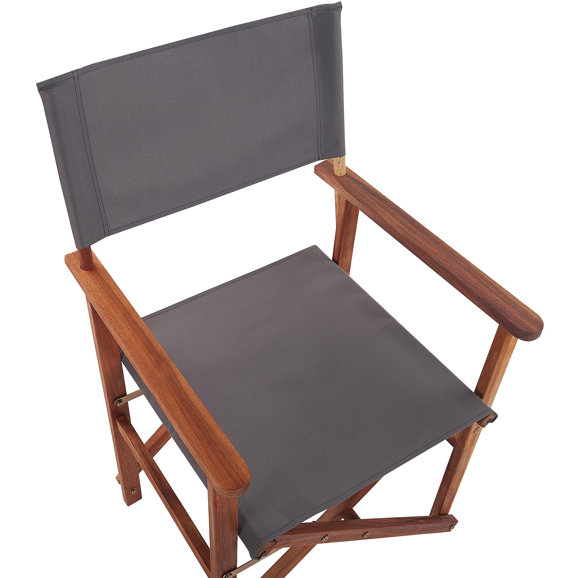 Zwei stylische Regiestühle aus dunklem Akazienholz mit grauen Auflagen Cine