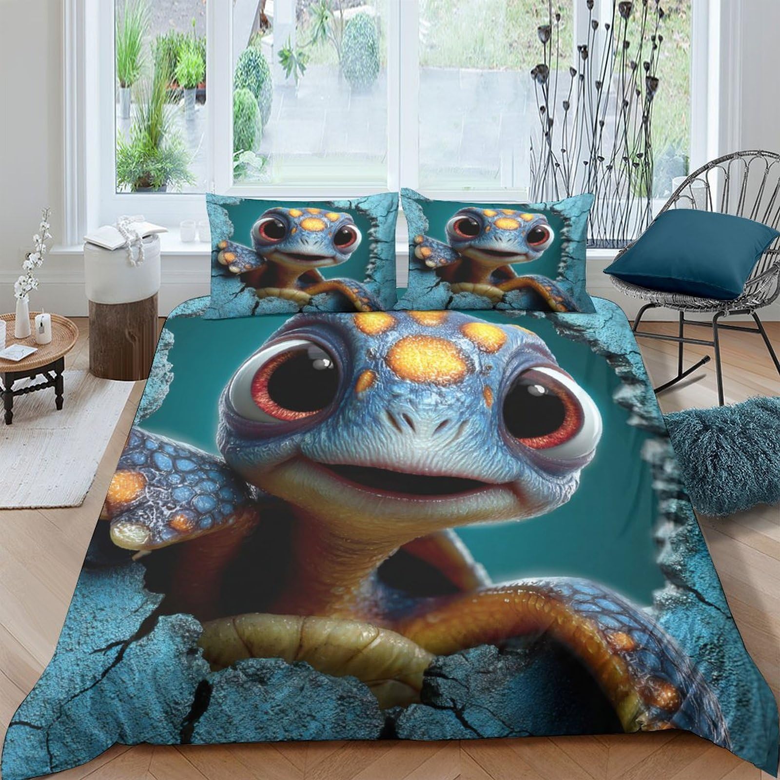 Ctjqhvkz Style-3 3D Printed Cute Fantasy Lizard Fitted Sheet Microfiber Soft Anti-Slip Blue Cartoon Bed Cover For Bedroom Guestroom Decor Single（135X200cm）