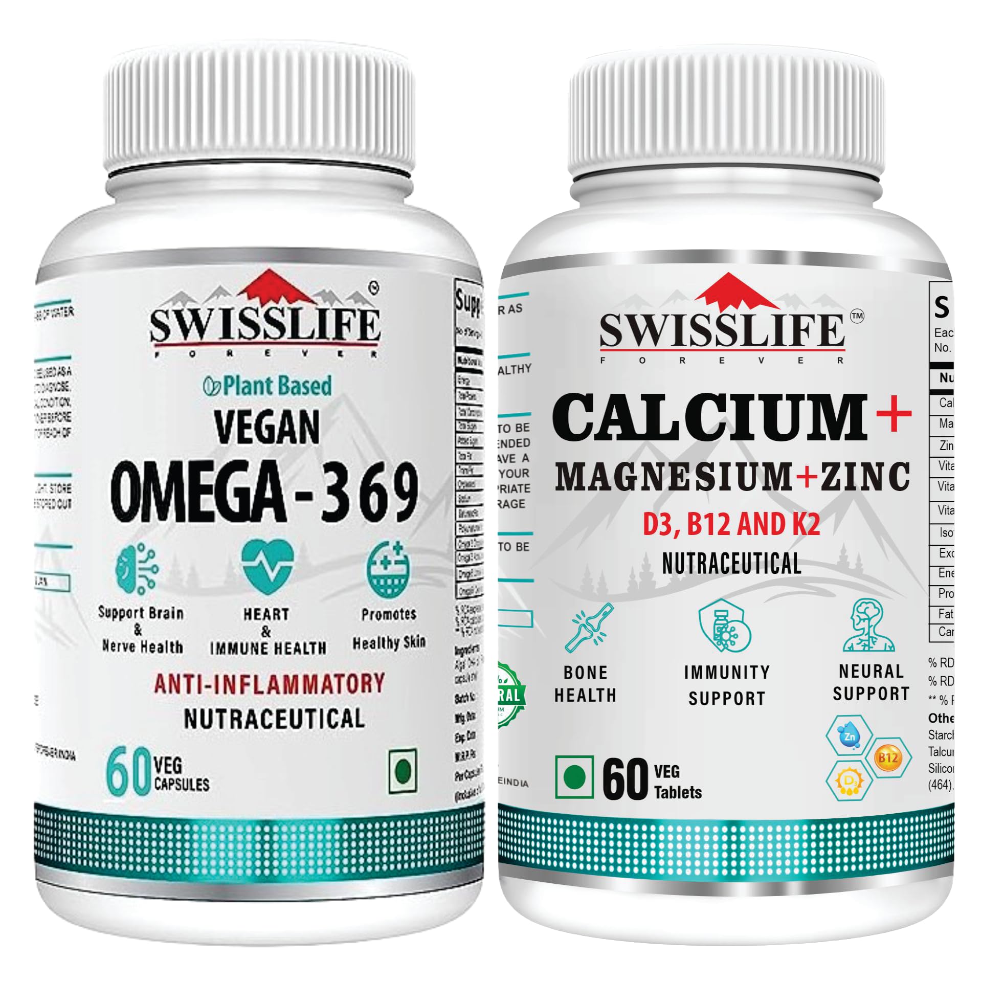 SWISSLIFE FOREVER Combo of Plant Based Vegan Omega - 3 6 9 (60 Capsules) with Calcium Magnesium Zinc D3, B12, K2 (60 Tablets) | Support Brain & Nerve Health for Men and Women-image-30