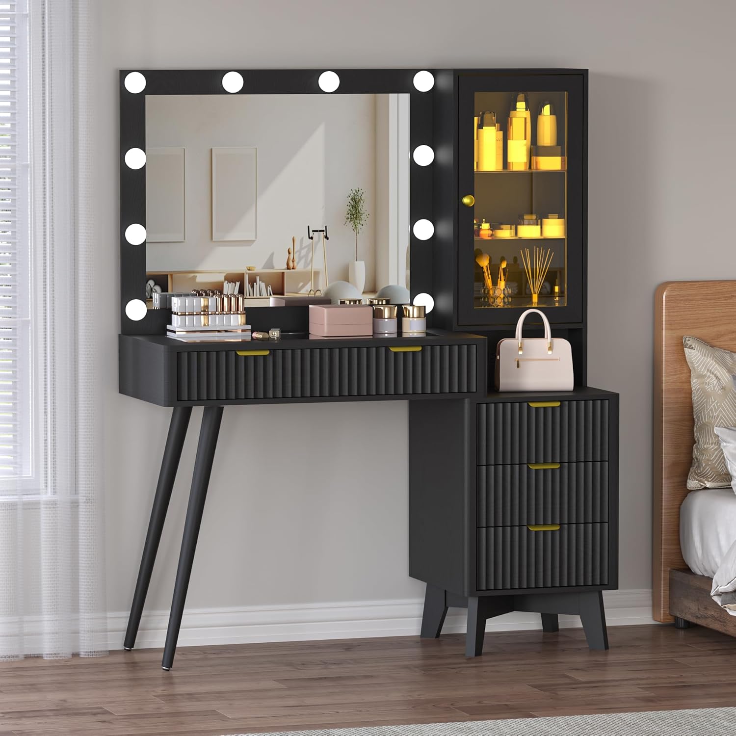 45” Fluted Makeup Vanity Desk with Mirror and Lights, Glass Top Dressing Table with 5 Drawers, LED Lighted Adjustable Cabinet, Trays & Charging Station for Bedroom Dressing Room
