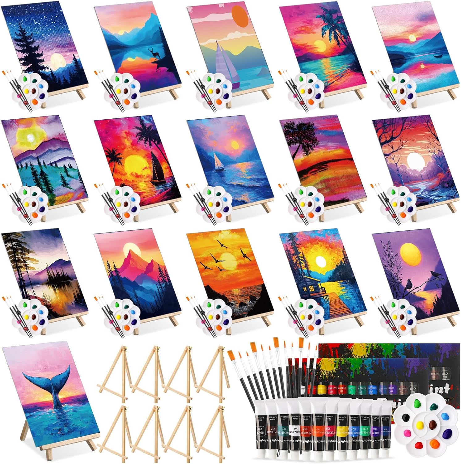 Cholemy 99 Pcs 16 Set Sip and Paint Kit for Adults 8"x 10" Pre Drawn Canvas Painting with Wooden Easel Pre Printed Canvas Painting Favor for DIY Birthday Gifts Adult's Date Party