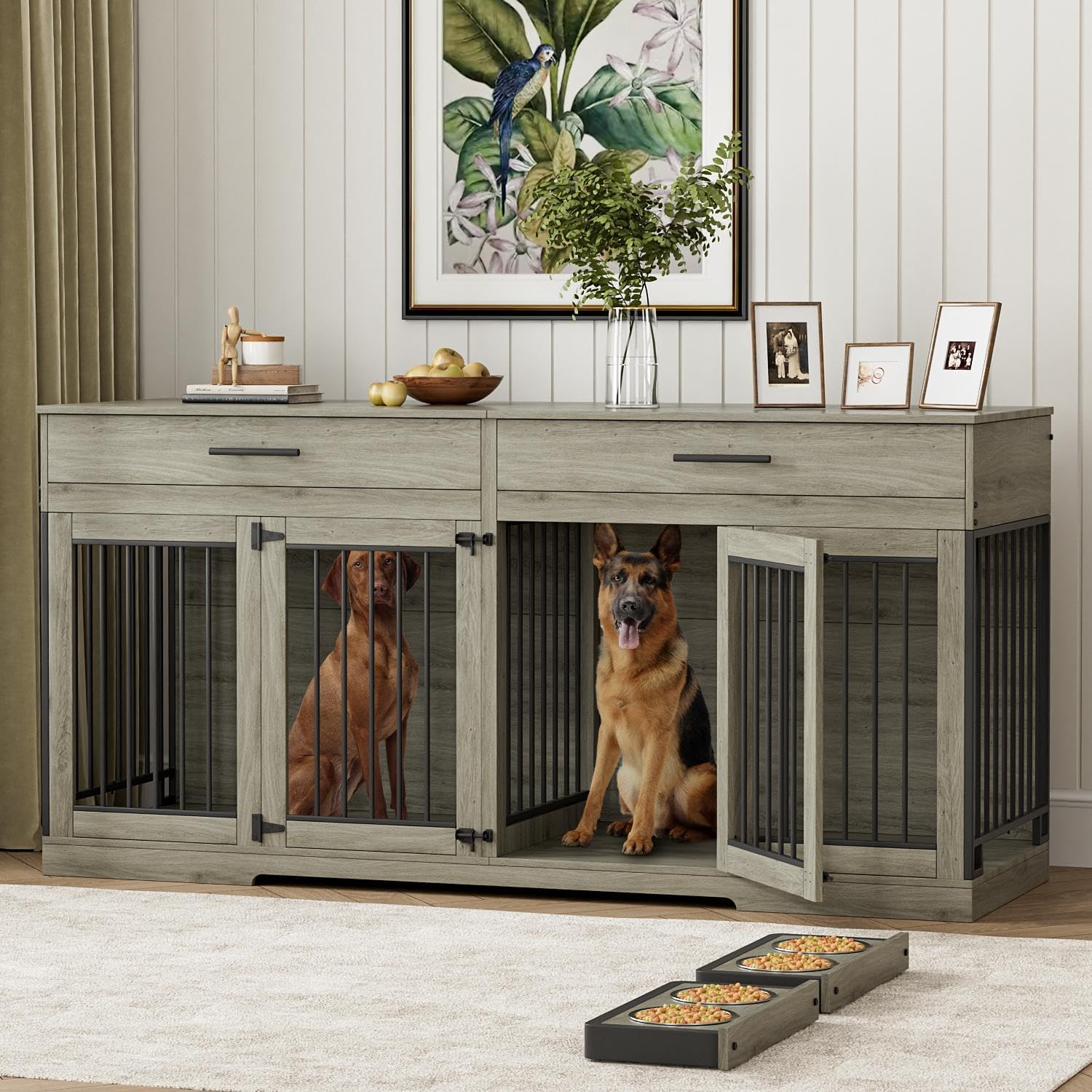 Rophefx 72" Dog Crate Furniture for 2 Dogs, Large Dog Kennel Furniture with 2 Storage Drawer and Removable Divider, Wooden Dog Cage with 4 Bowls, Indoor Dog House TV Stand for Medium Dog, Grey