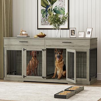 Rophefx 72" Dog Crate Furniture for 2 Dogs, Large Dog Kennel Furniture with 2 Storage Drawer and Removable Divider, Wooden Dog Cage with 4 Bowls, Indoor Dog House TV Stand for Medium Dog, Grey