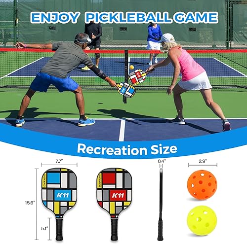 Miniatura 4 de Juego de pickleball con red y paletas, juego de 4 jugadores, paletas de madera multicolor, red portátil de 22 pies, 4 bolas, juego de 4 paletas de