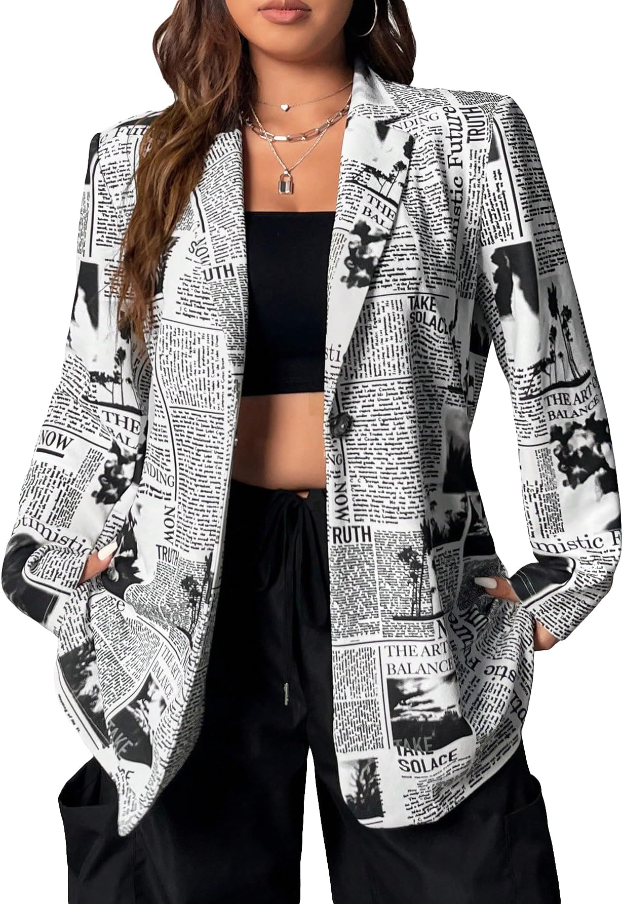 Women's Newspaper Print Single Button Blazer Lapel Collar Long Sleeve Work Office Jacket