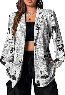Women's Plus Size Newspaper Print Blazer Lapel Button Padded Shoulder Fu...