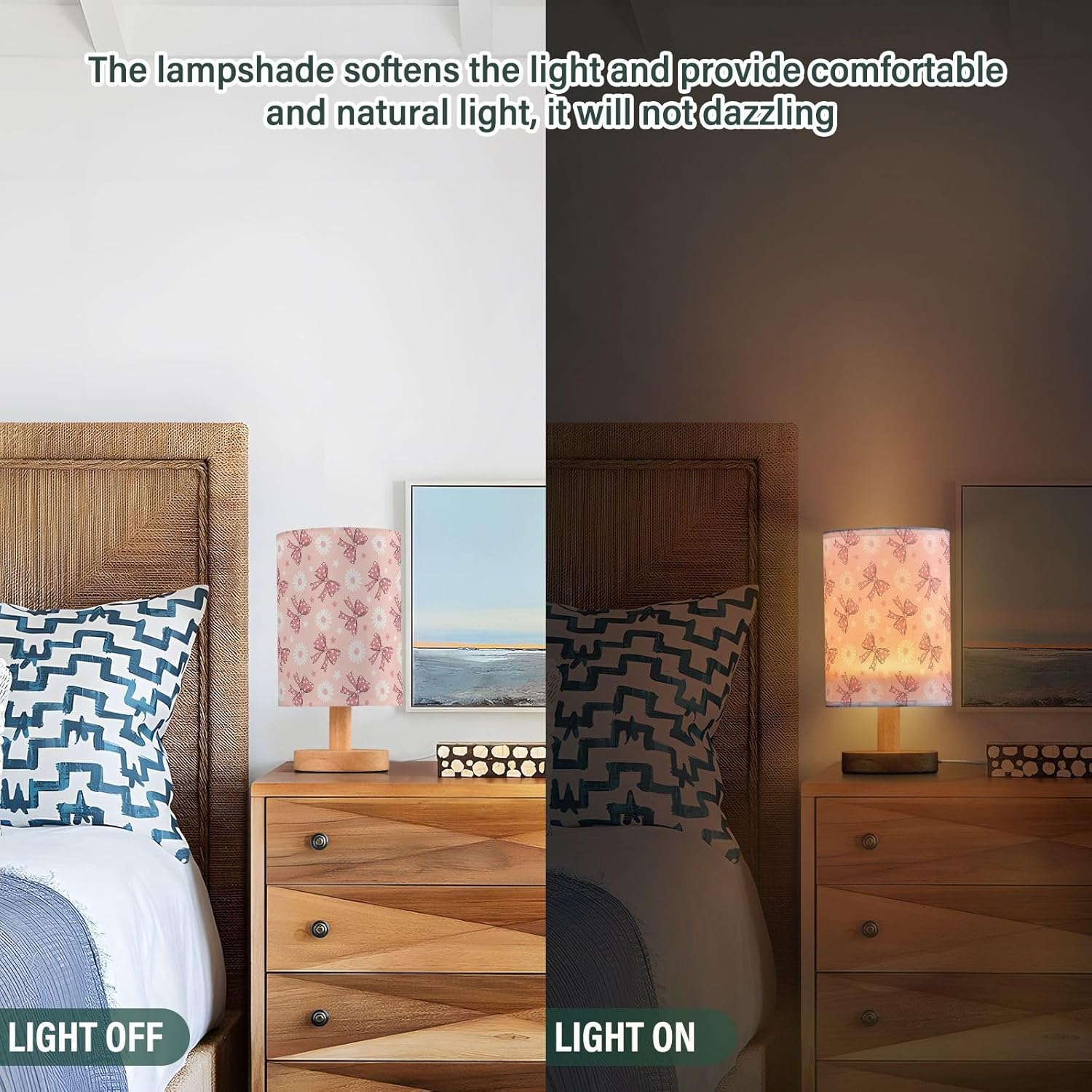 SPRIPORT Bow Flowers Star Pink Print Bedside Table Lamp for Bedroom Nightstand Lamp with Wood Base & Round Flaxen Fabric Shade Bedroom Lamp for Reading Working Living Room Dorm Home Office