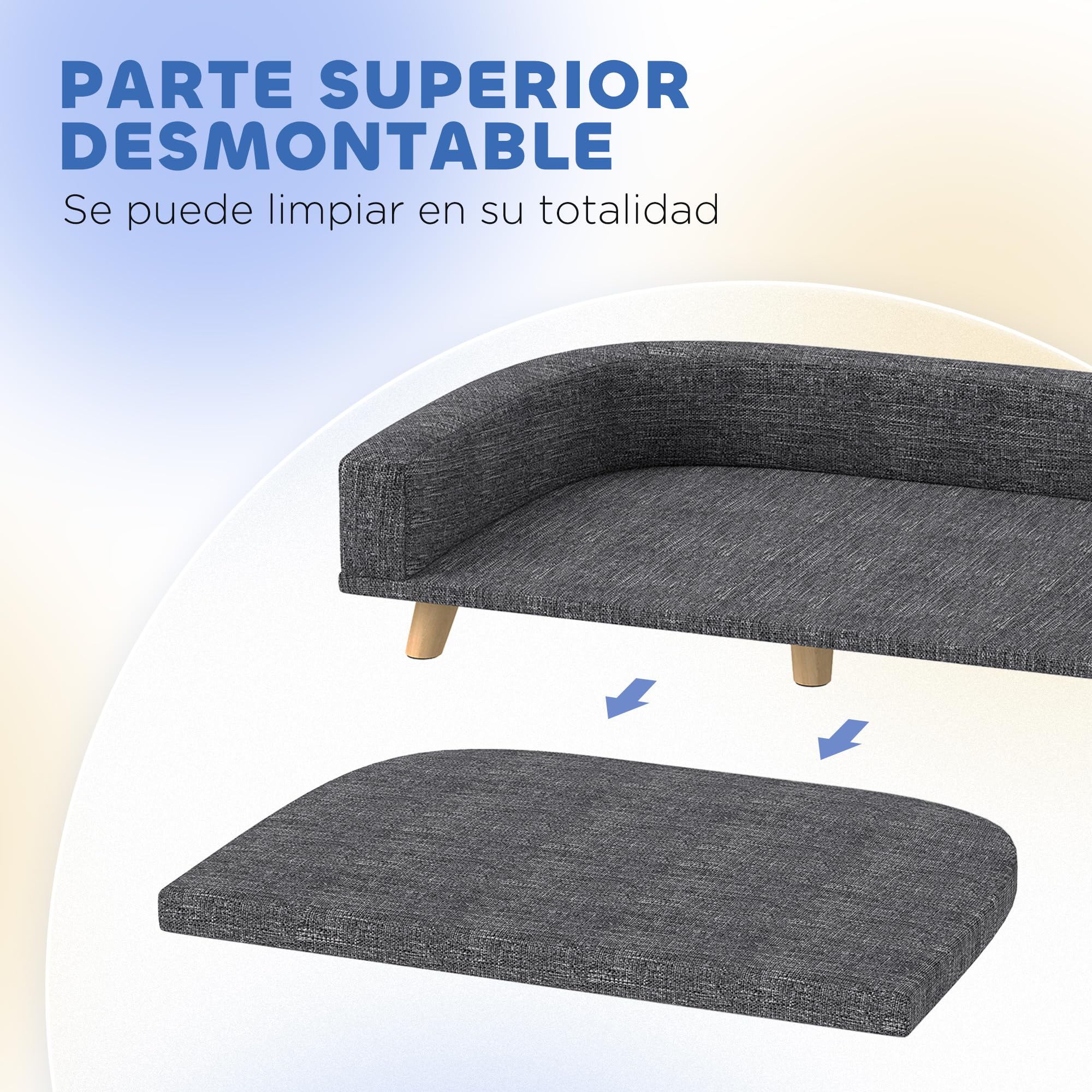 PawHut Sofá para Perros Grandes, 98x67x25 cm, Cama Elevada para Perros Tapizada con Cojín Lavable y Patas de Madera de Pino, Carga 40 kg, Gris Oscuro