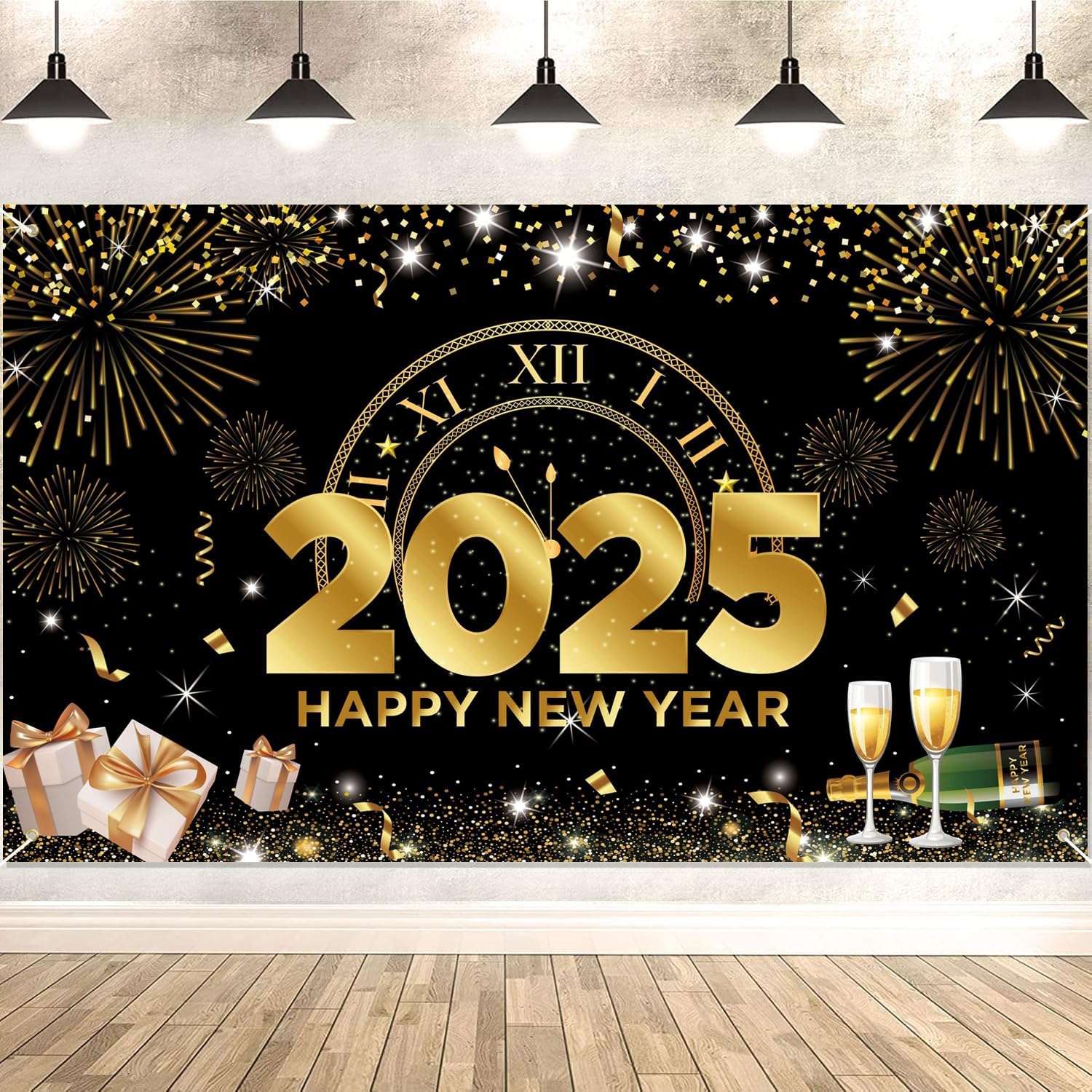 XNBTFK Happy New Year Banner 2025, Black and Gold, 73" x 43"