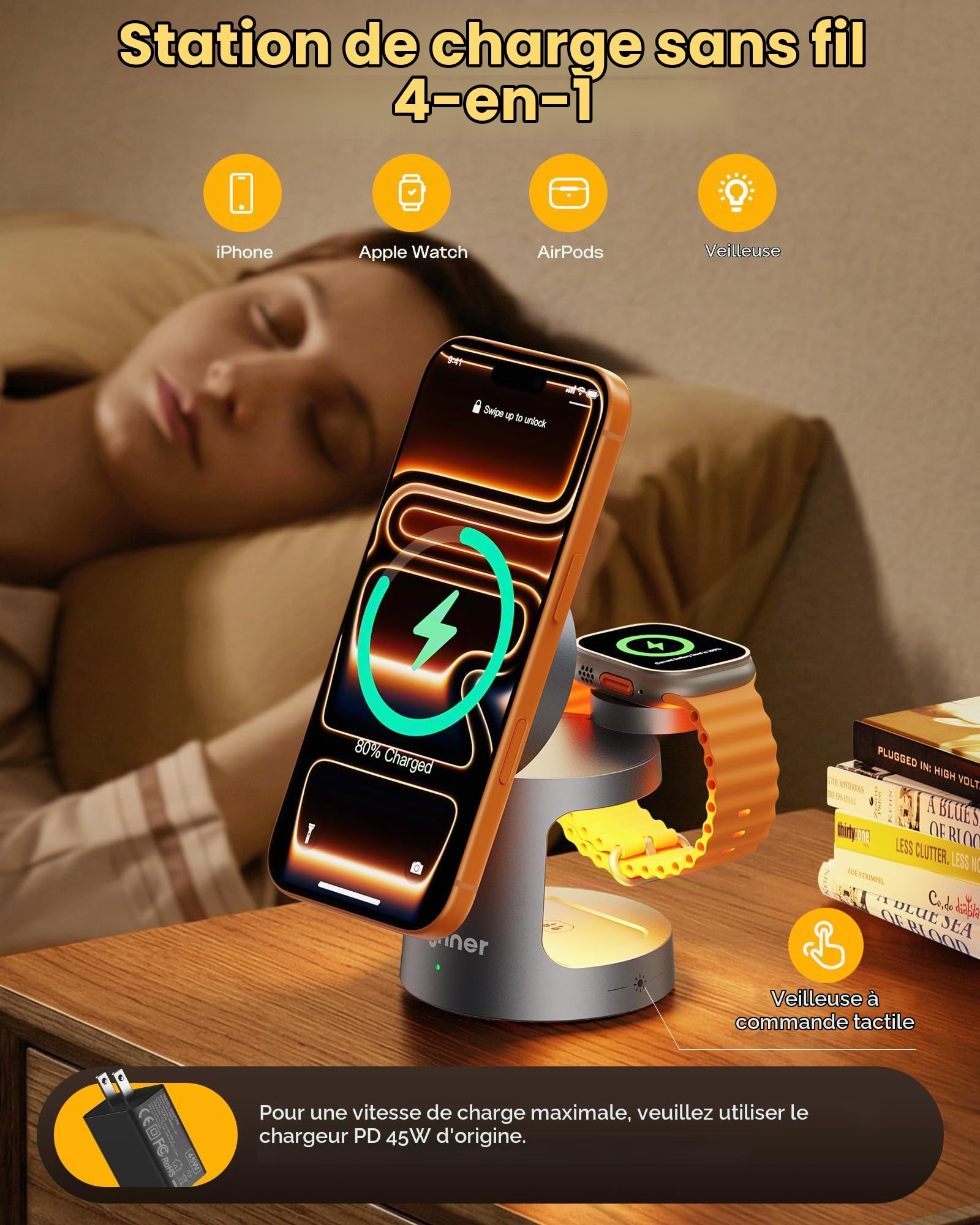 Station de Charge Magnétique Qi2.2 25W，Chargeur sans Fil 3 en 1 Pliable pour iP17/16/15/14/13/12,Support de Recharge Qi2 Compatible pour Apple Watch AirPods, Adaptateur 45W Inclus