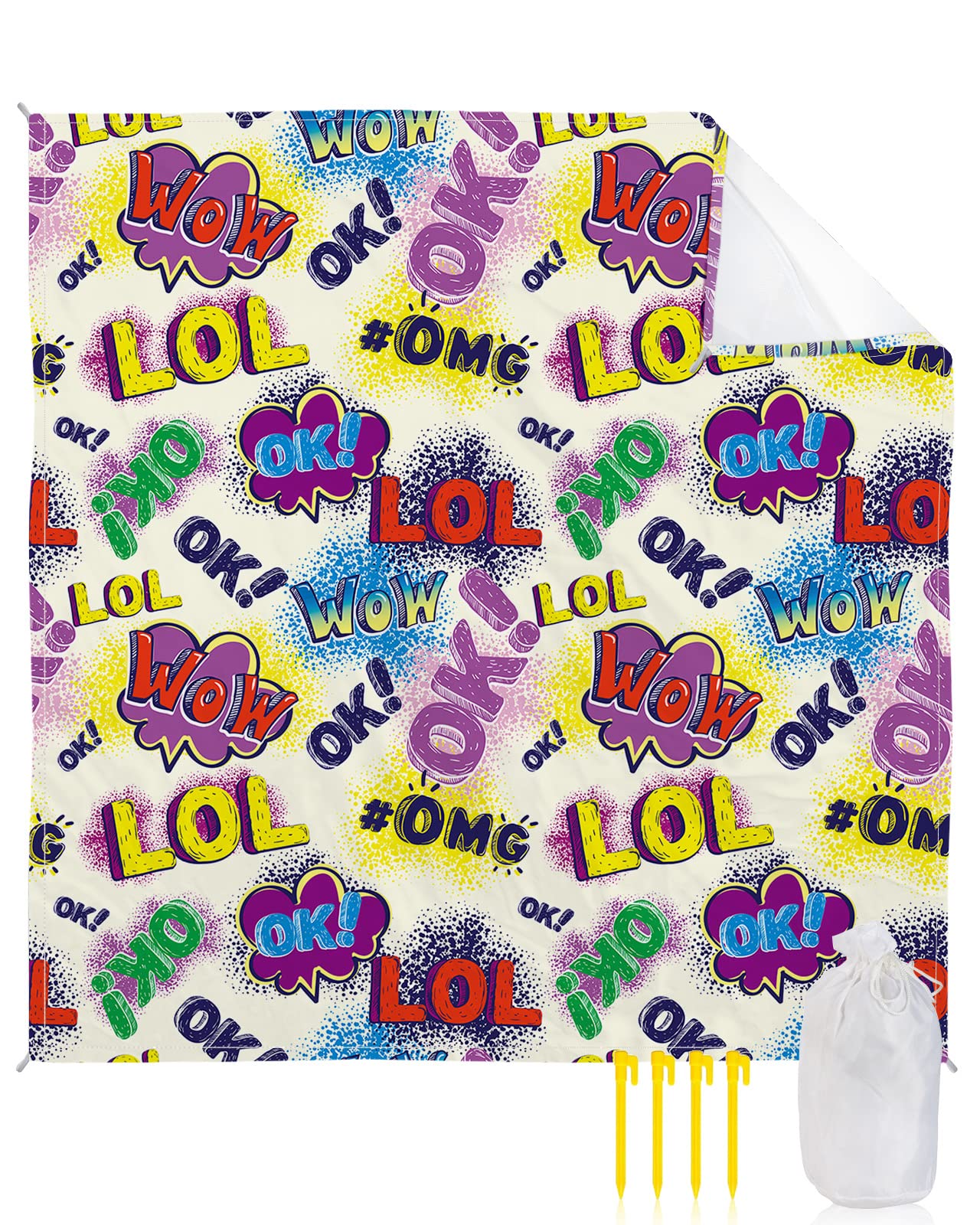 Oversized 118”x108” Outdoor Beach Blanket Picnic Blankets, Wow OK LOL Modern Graffiti Art Design Sandproof Waterproof Foldable Beach Blankets for Camping, Grass, Beach with Family/Friends/Kids