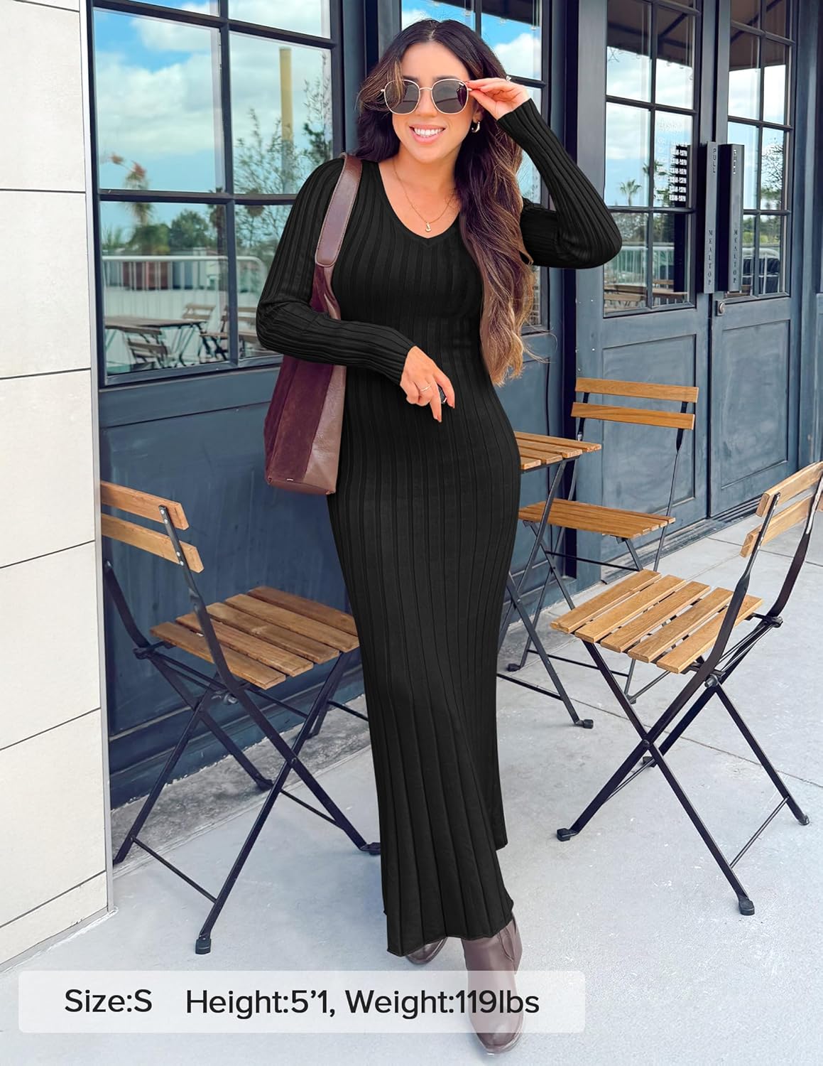 ZESICA Women's 2026 Spring Sweater Dress Long Sleeve V Neck Ribbed Knit Party Cocktail Bodycon Maxi Dresses - Image 6