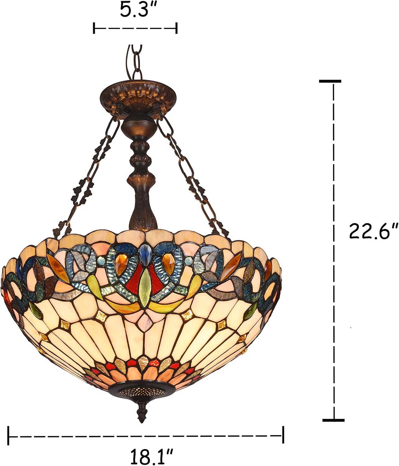 Chloe Lighting Serenity Tiffany-Style 3 Light Victorian Inverted Ceiling Pendant 18" Shade, Multicolor