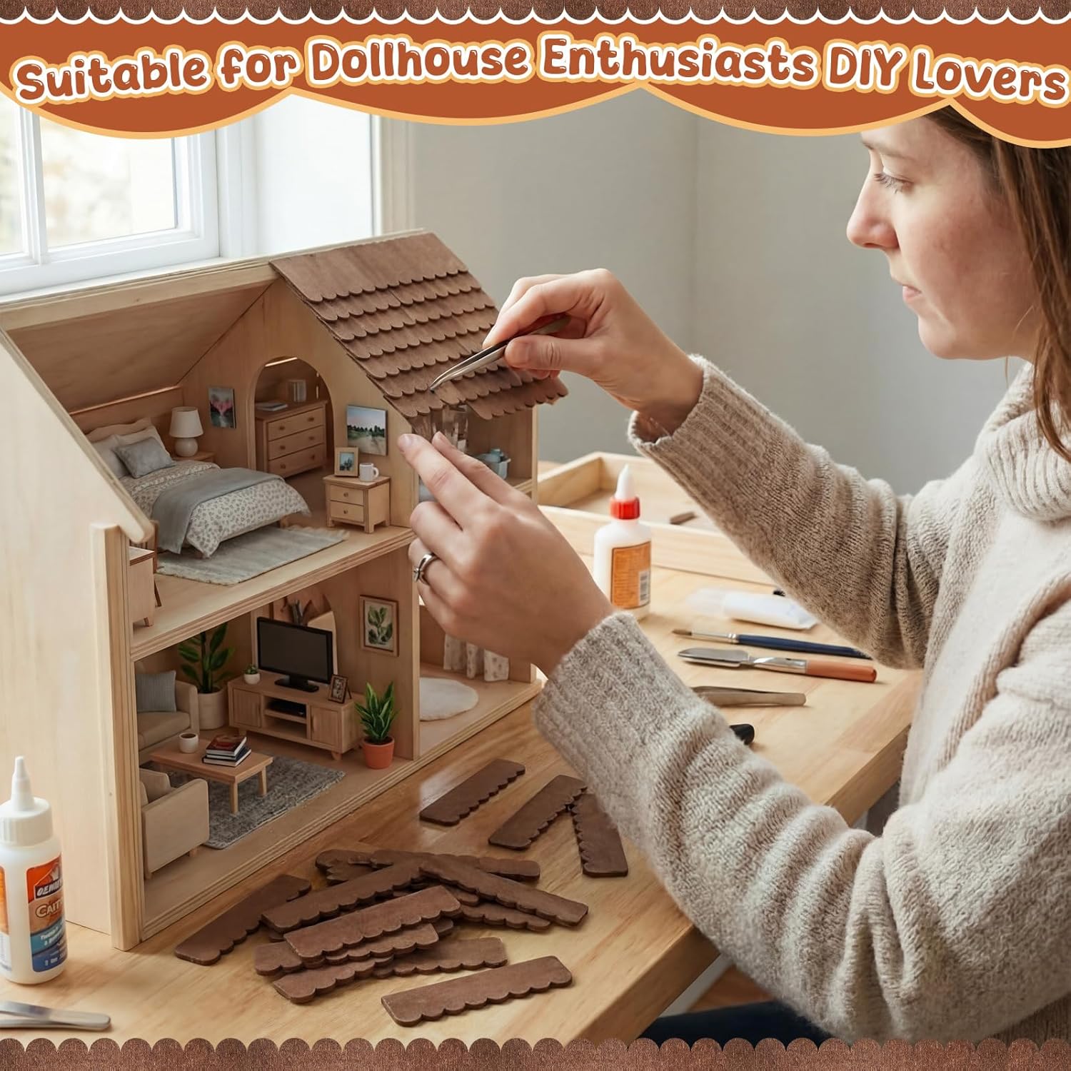 Wenqik 150 Strips Dollhouse Roof Shingles 4.25 x 1.14 Inches Each Mini Fish Scale Wooden Dollhouse Miniature Roofing for 1: 12 Scale Doll House Projects DIY Miniature Landscapes (Brown)