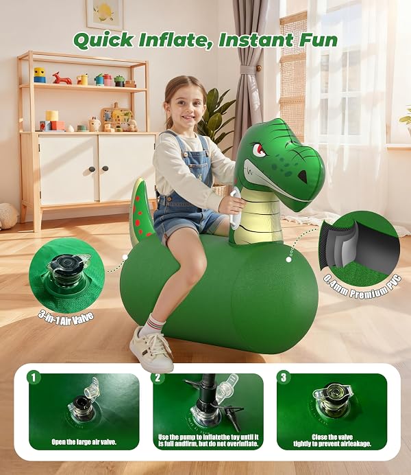 JOSEN Large Inflatable Bouncy Dinosaur Hopper Toy with Hand Pump, Kids Indoor Outdoor Ride on Bounce Animal, Bouncing Horse Hopping Toy for Boys, Girls Up to 220lbs, Birthday Gift for 4 6 8 Year Old by JOSEN - Used condition - Image 3