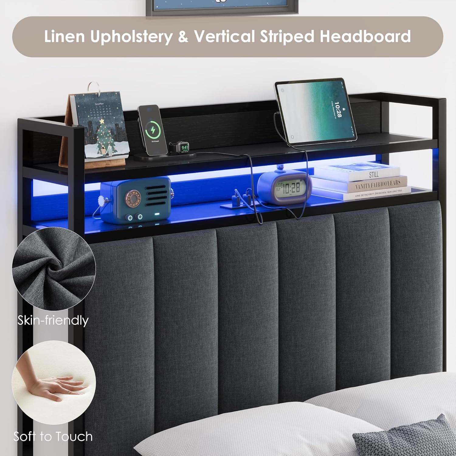 Keyluv Twin Bed Frame with Storage Headboard & Charging Station, Upholstered LED Platform Bed with Bedside Storage Rack & Drawer, Metal Slat Support, No Box Spring Needed, Linen Fabric, Black - Image 5