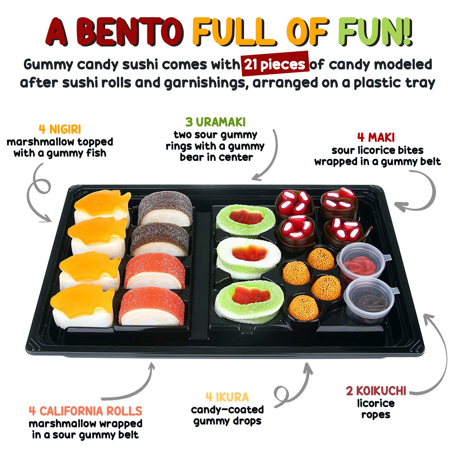 Raindrops Gummy Candy Sushi Bento Box with 6 Kinds of Sushi Rolls and Garnishes - 1 Tray with 21 Sushi Bites of Marshmallows, Licorice, Sour Strips, Gummi Bears and Fish - Fun and Unique Candy Gifts : Grocery & Gourmet Food