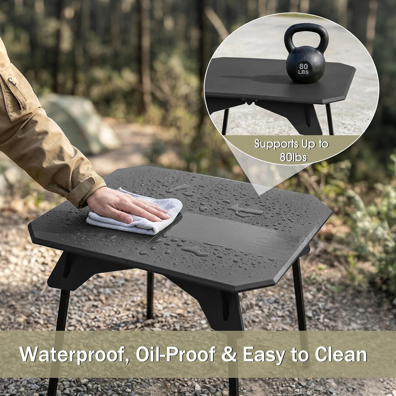 Folding Camping Table, 2-in-1 Adjustable Height Portable Outdoor Aluminum Camp Desk with Carrying Bag, Lightweight Foldable Table for Picnic, Beach, BBQ, Hiking, Fishing, Travel (Black)