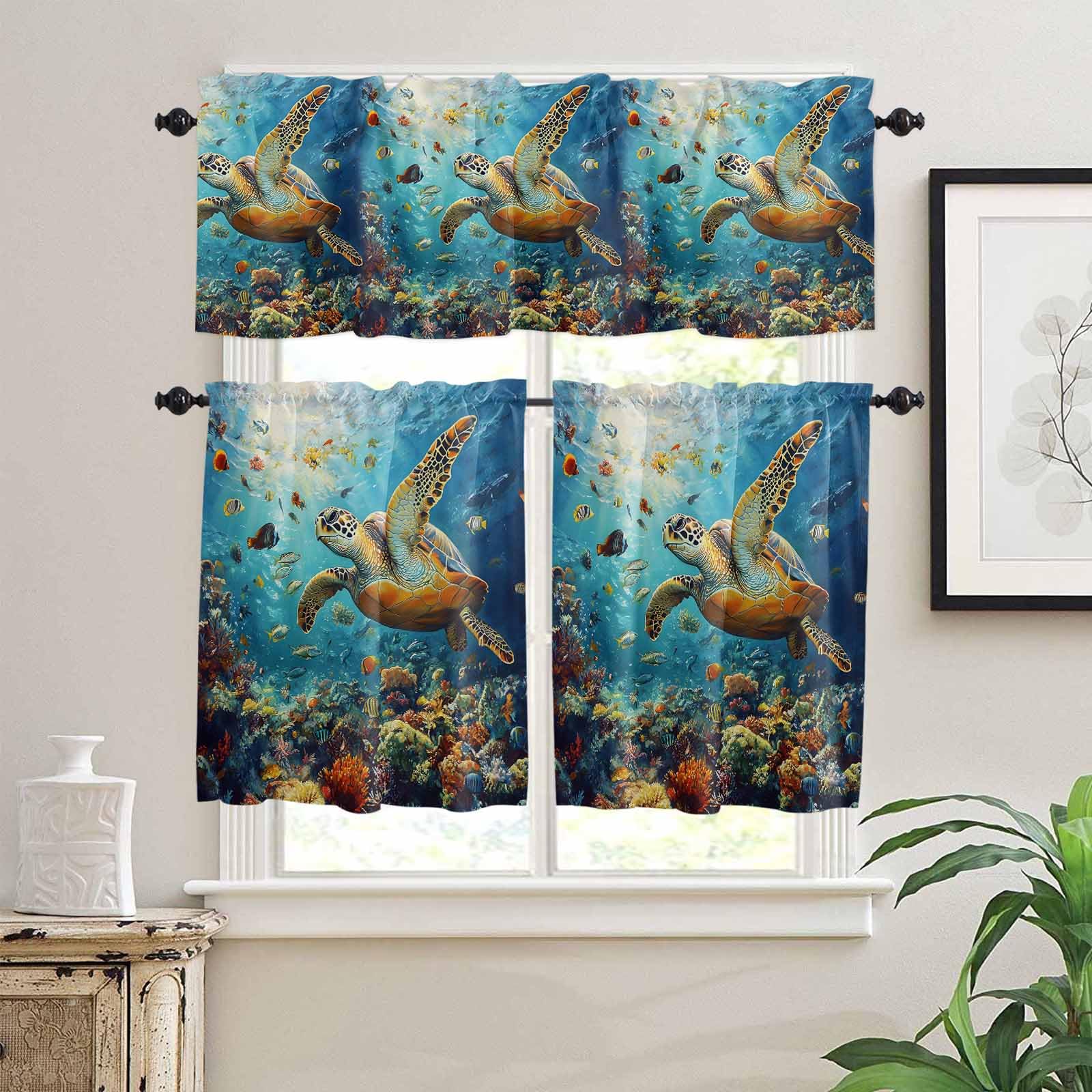 Ocean Turtle Kitchen Curtains 24 Inch Length, 3 Piece Rod Pocket Small Half Tiers and Valance Set, Summer Beach Underwater Coral Fish Sea Small Large Window Treatment Decor for Bedroom/Bathroom Sink