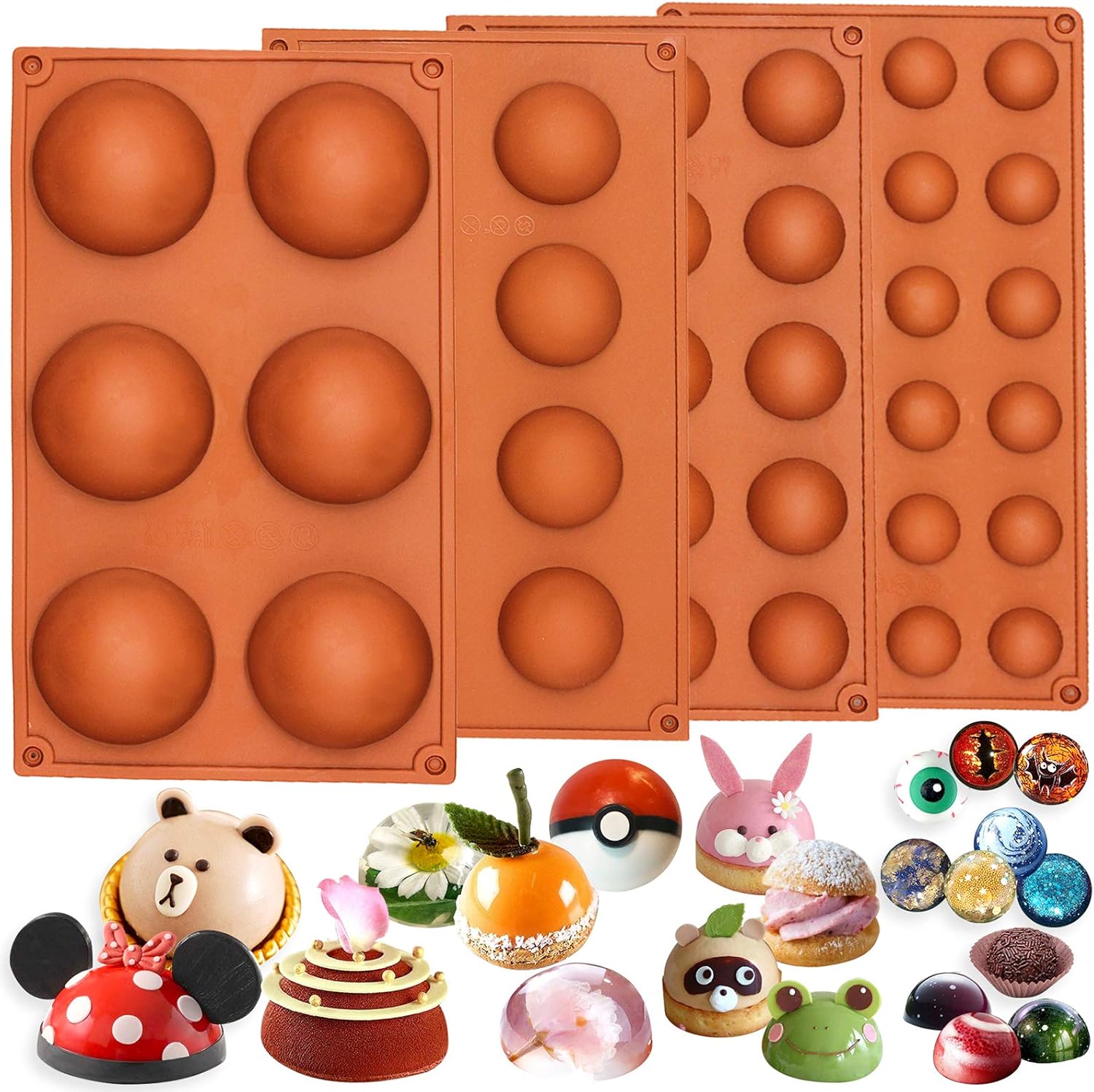 FUNSHOWCASE Half Circle Silicone Mold Bombe Teacake Baking Pan Assorted Size 4 in Set