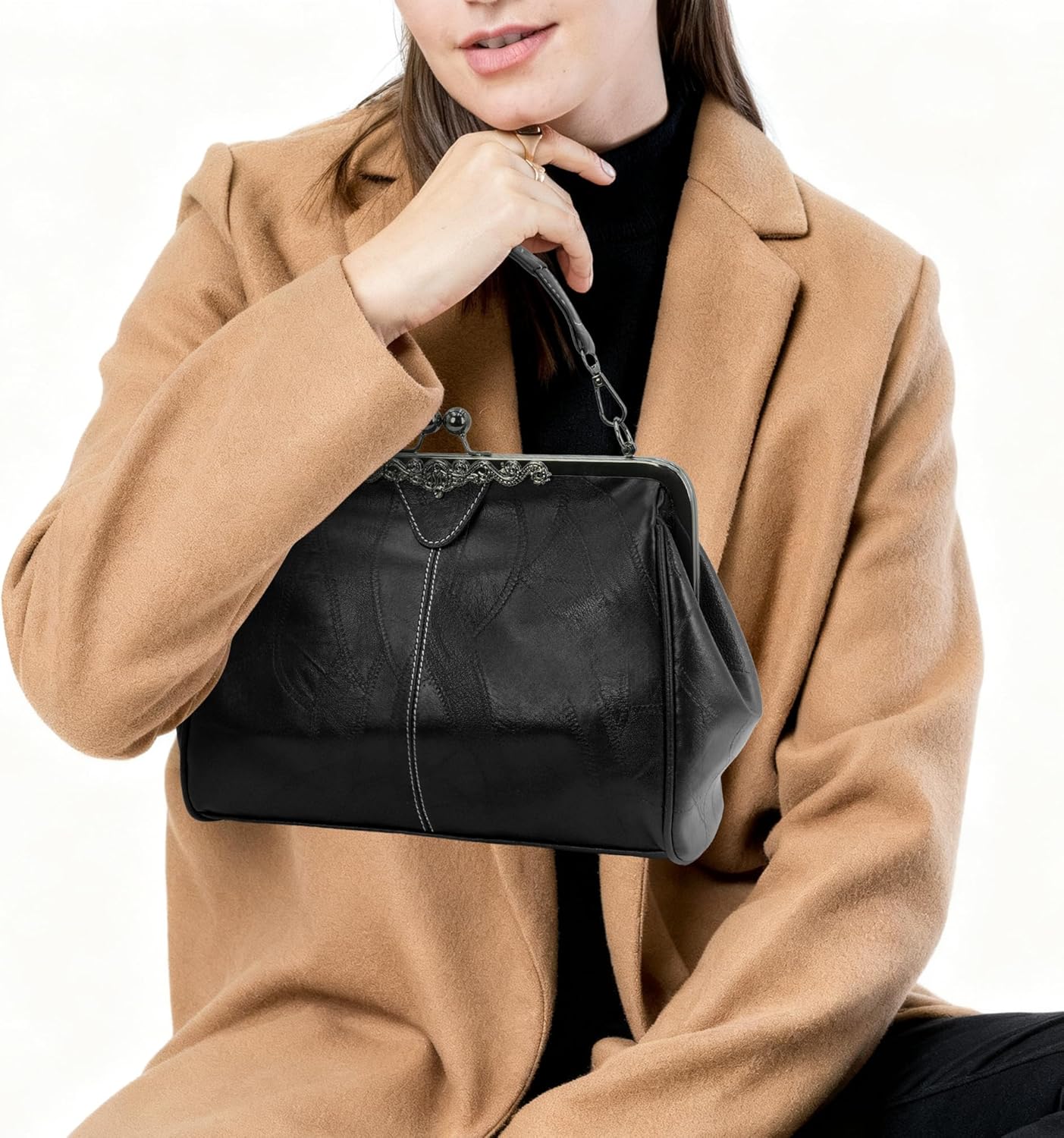 Purses for Women Vegan Leather Women's Handbag Crossbody with Kiss Lock Satchel Evening Clutch Purse Vintage Tote - Image 2