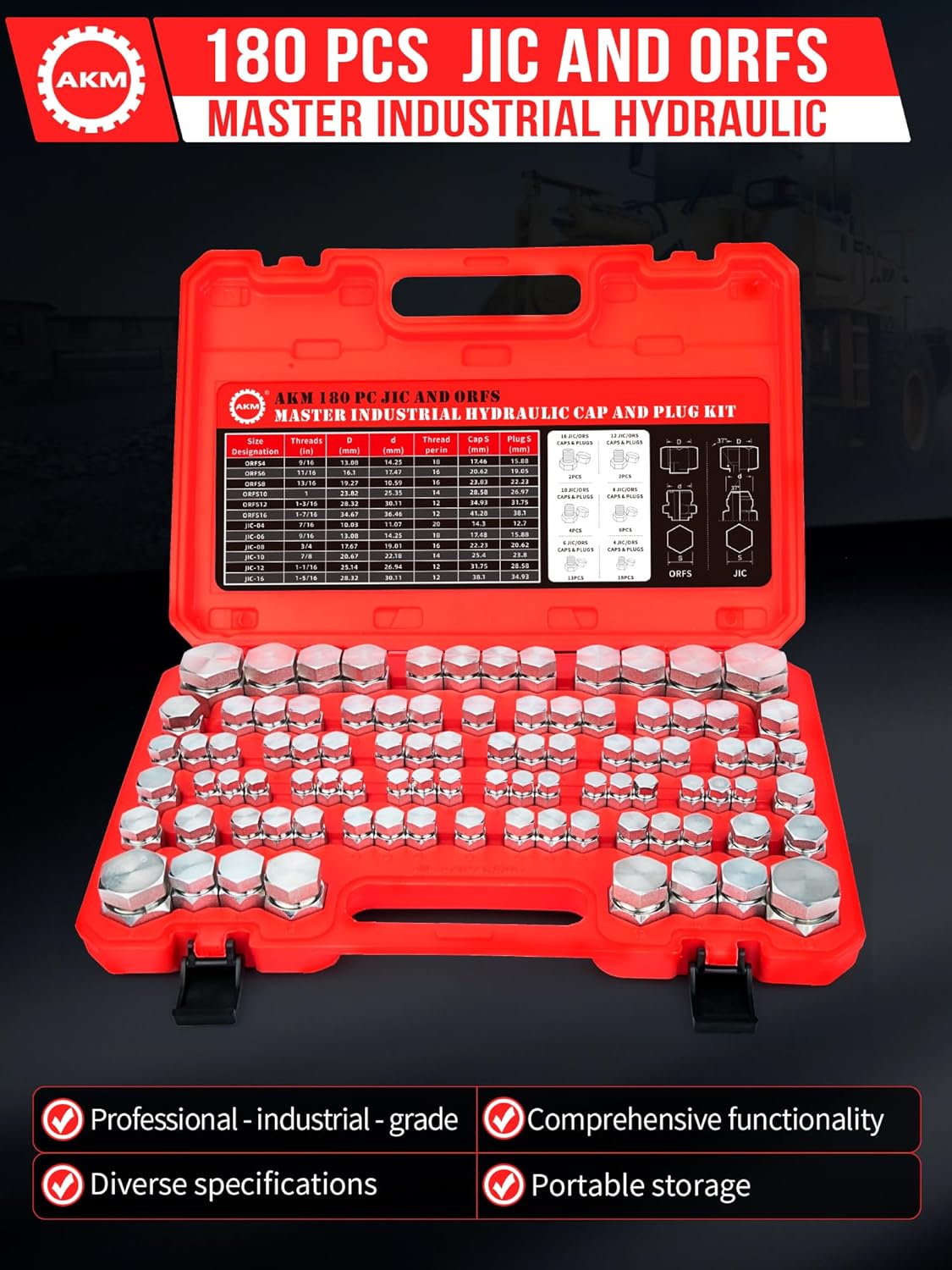 AKM 180 PC JIC and ORFS Master Industrial Hydraulic Cap and Plug Hose Tube and Pipe Fitting Kit Cap and Plug Kit Precision Threading in ORFS and 37° Dash Sizes 4 6 8 10 12 16
