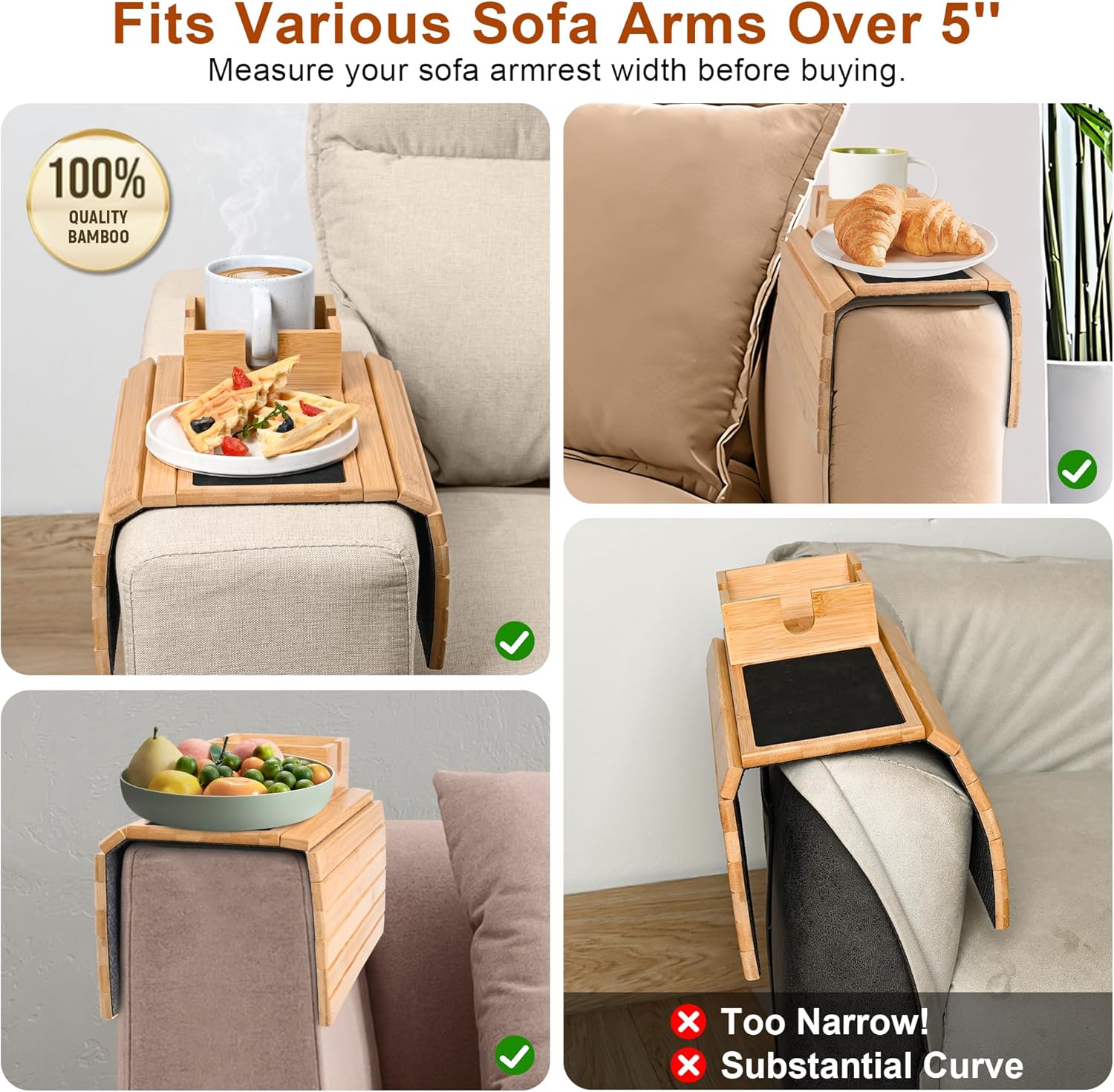 Joy&Grace Sofa Armrest Tray with Large Mug Holder, Bamboo Couch Arm Tray, Anti-Slip Couch Cup Holder Foldable Sofa Arm Table for Eating Drinks Cellphone (Color Natural)