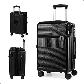 Mala de Viagem de Mão 10kg | Bordo Rígida com Rodinhas 360° | Trava TSA Segredo | Entrada USB e USB-C | Fole Extensível | Cabe na Cabine do Avião | Mala Pequena Reforçada (Preto)