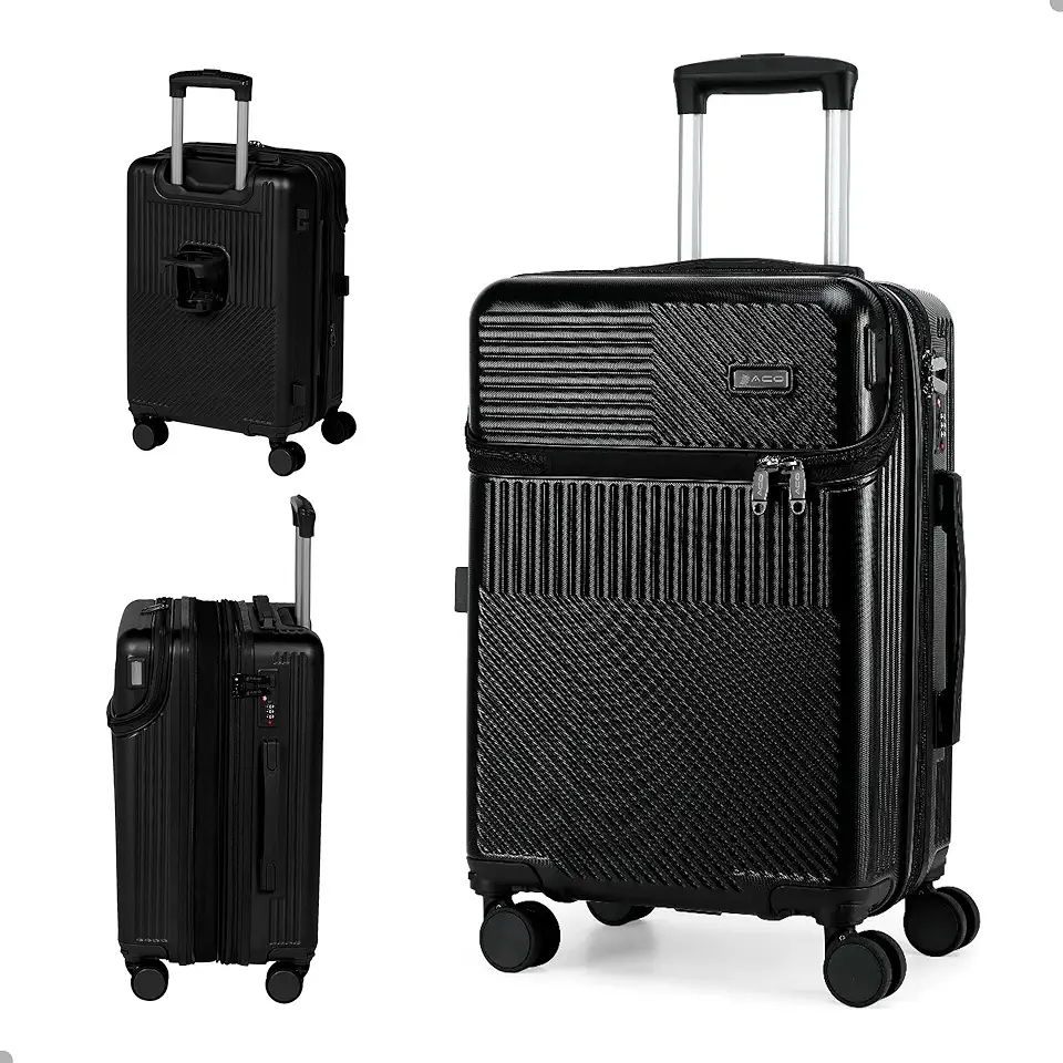 Mala de Viagem de Mão 10kg | Bordo Rígida com Rodinhas 360° | Trava TSA Segredo | Entrada USB e USB-C | Fole Extensível | Cabe na Cabine do Avião | Mala Pequena Reforçada (Preto)