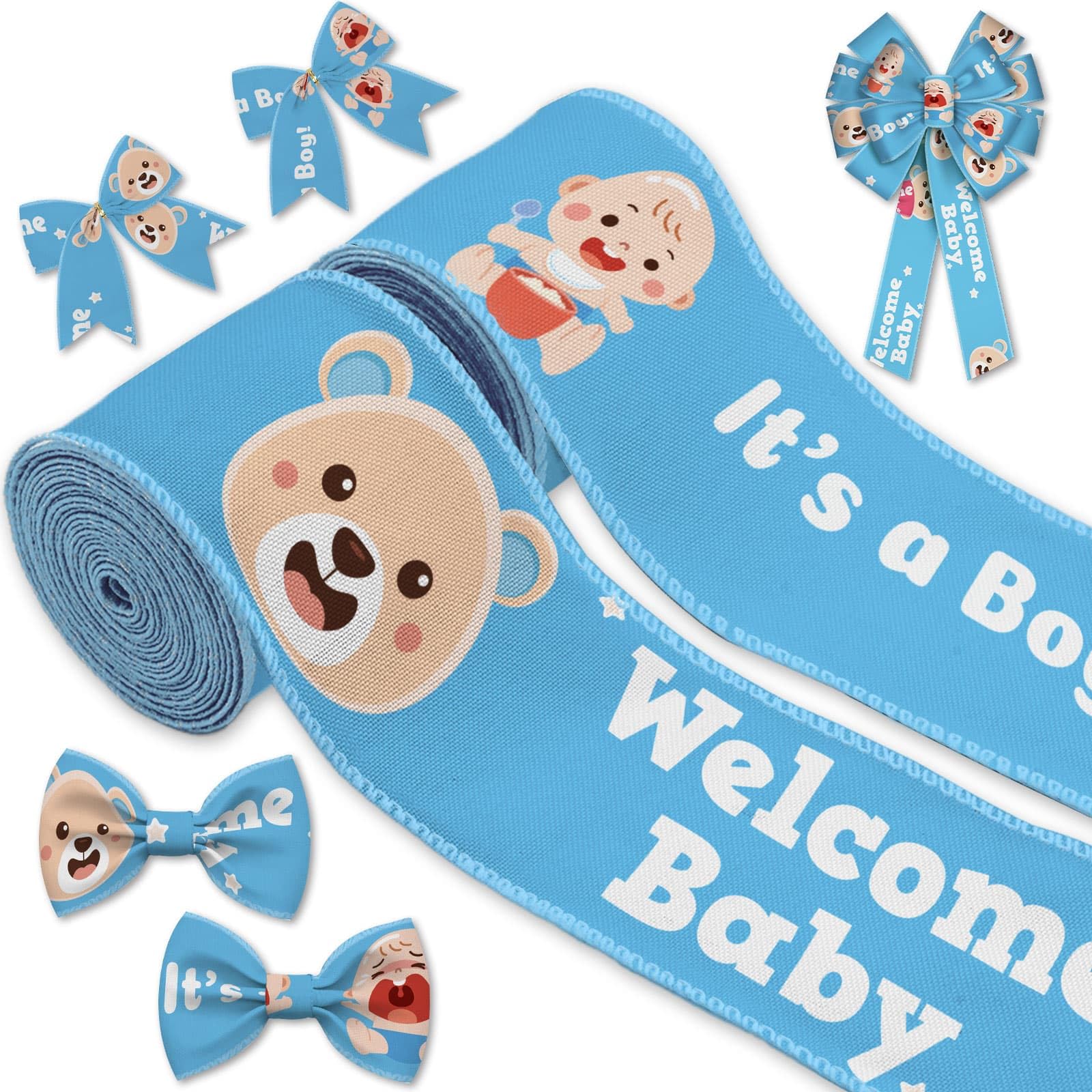 2 Rolls Baby Boy Ribbon, Welcome Baby It's a Boy Blue Wired Ribbons, Bear Baby Print, 2.55" Wide 5 Yards Each Roll for Baby Shower Decorations,Newborn