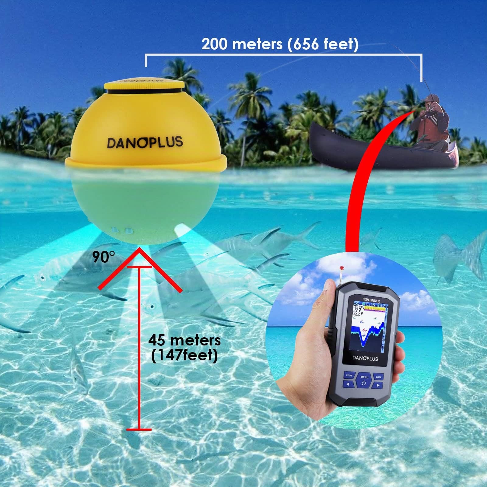 Buscador de peces inalámbrico portátil con sensor de sonar de 155 pies, detección de profundidad recargable