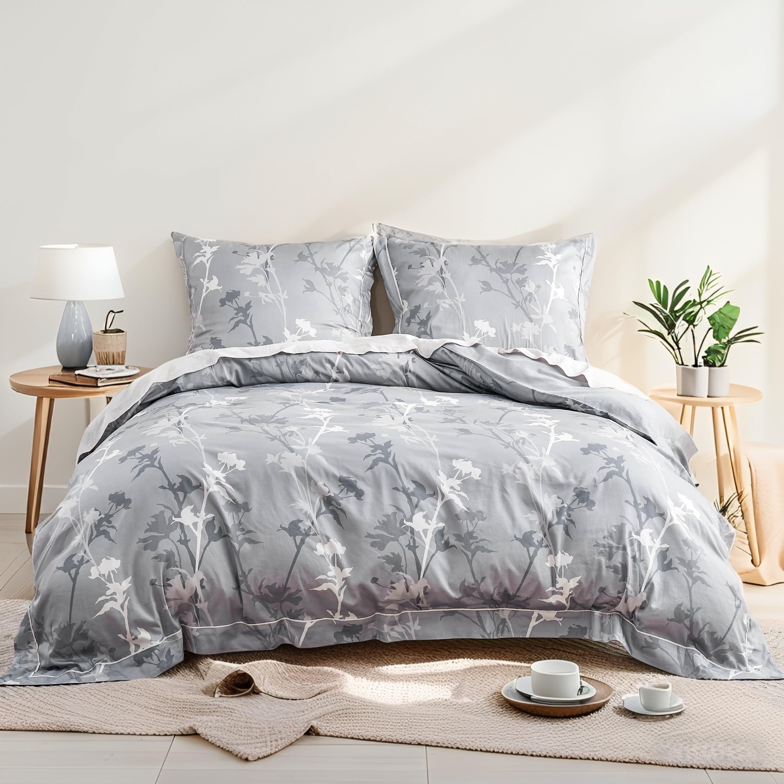 Housse de couette 135x200cm en coton gris à motifs botaniques et floraux