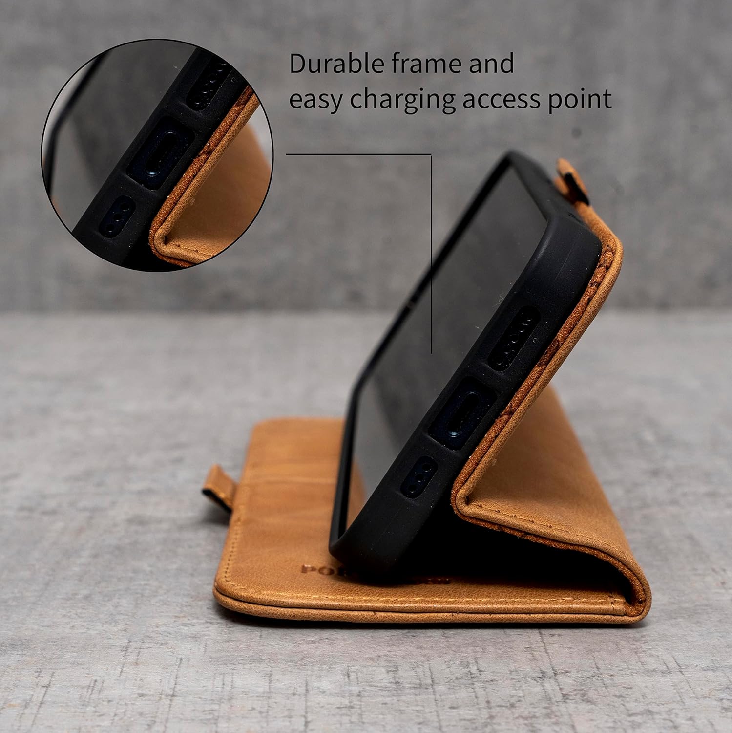 Porter Riley - Leather Case Compatible with iPhone 17. Premium Genuine Leather Stand/Cover/Wallet/Flip Case with Card Slots & Horizontal Stand (Tan)